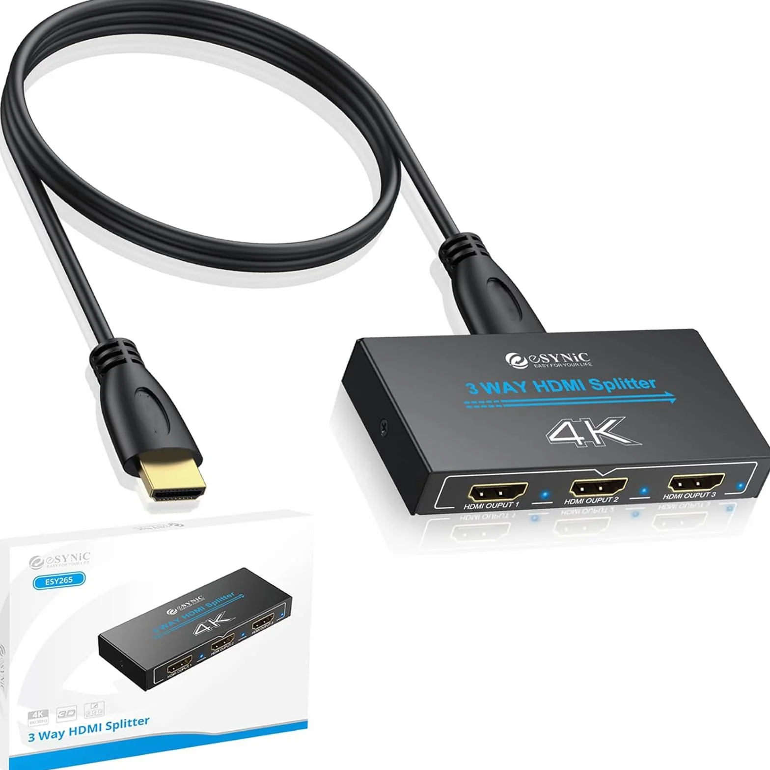 eSynic Répartiteur HDMI 1 Entrée 3 Sorties 4K@30HZ HDCP 1.4 Coque Métal