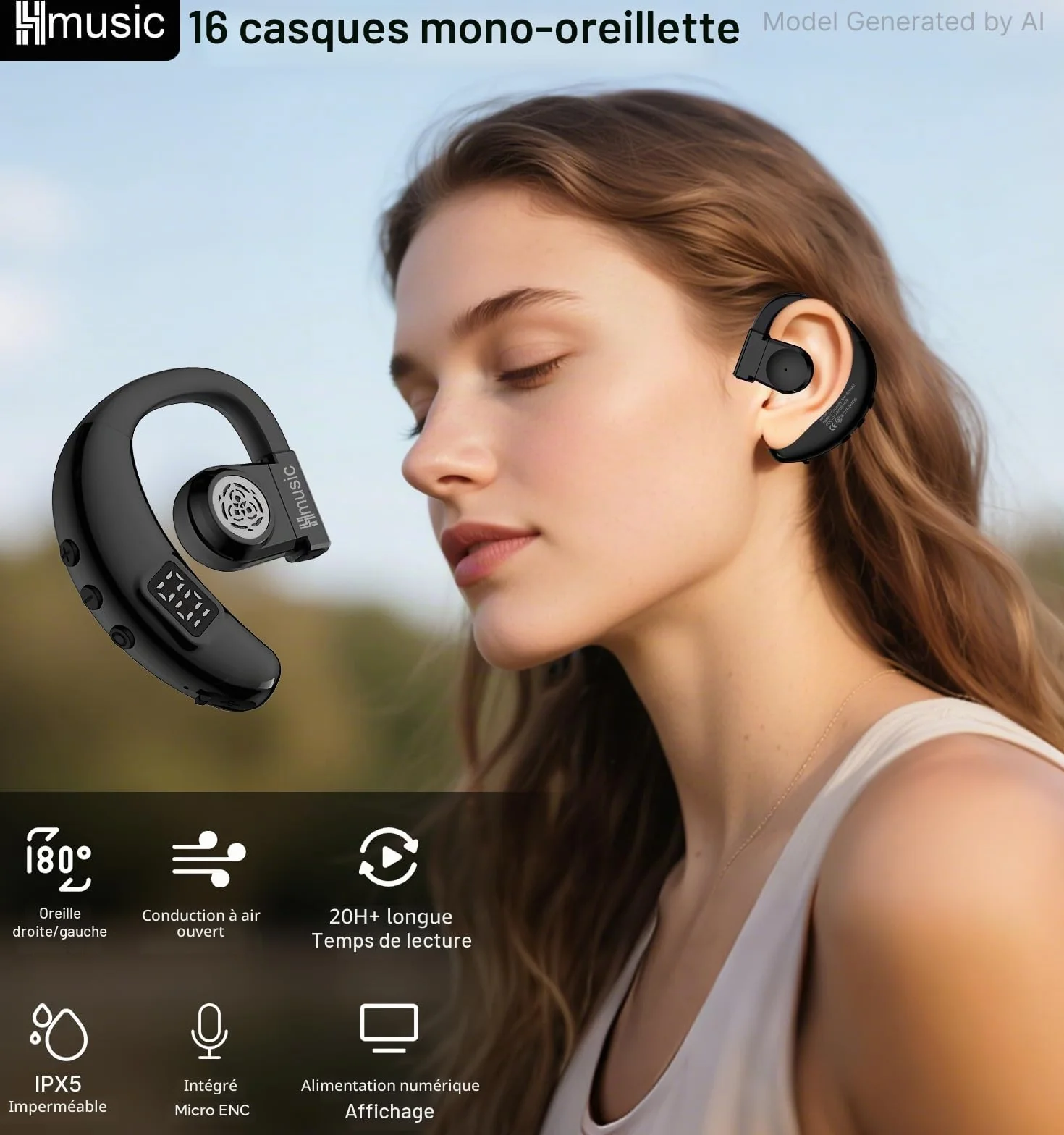 Hmusic Oreillette Bluetooth sans Fil V5.4, IPX5 Étanche, Kit Mains Libres avec 2 Micro Anti-Bruit, 20H d'Autonomie, 18g Ultra-léger, Affichage Numérique LED, pour Conduite, Bureau, Affaires