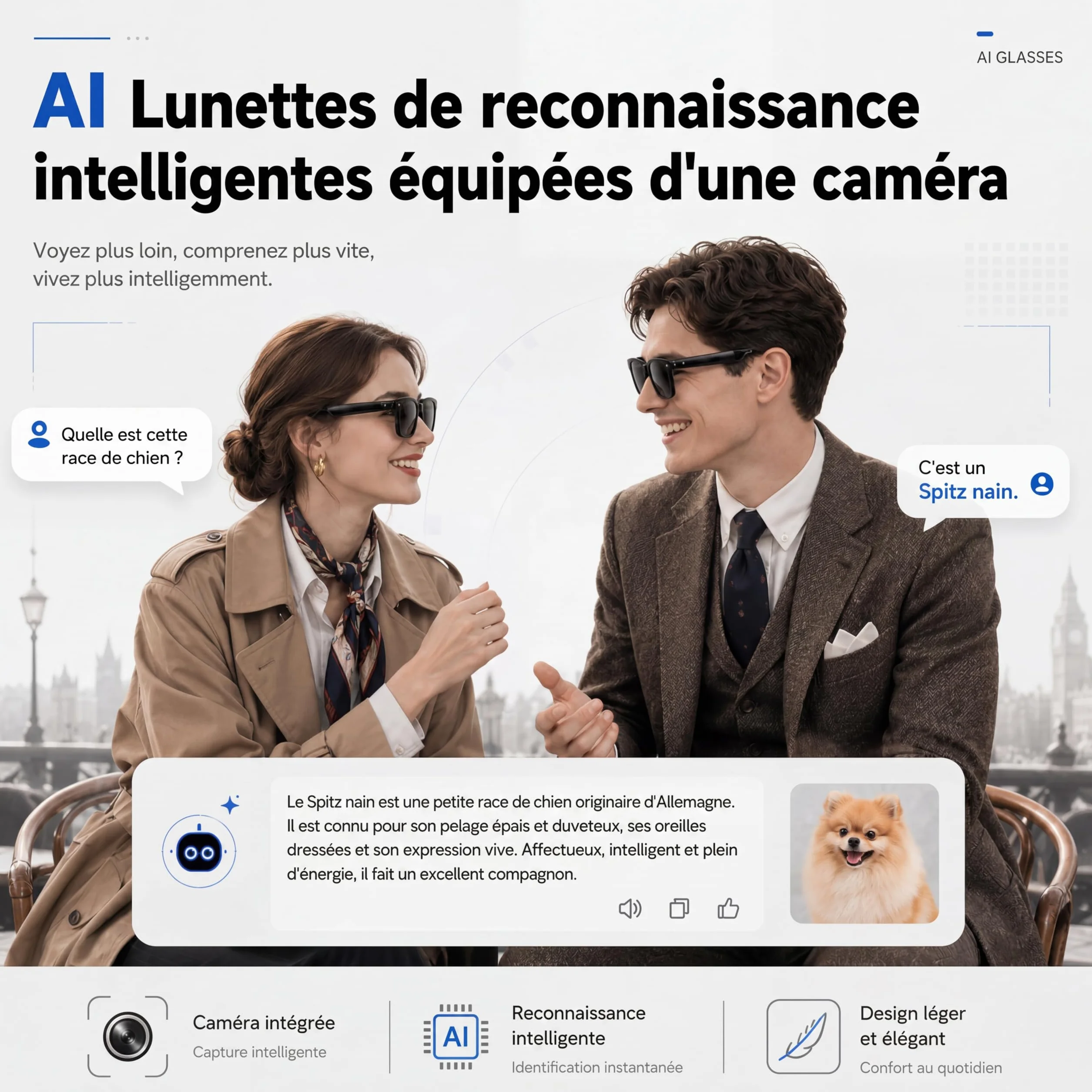 Korons Lunette Connectée Lunettes Connectées avec Assistant Vocal IA Reconnaissance Intelligente Caméra HD Bluetooth Smart Glasses Idéales pour Travail et Voyage (Photochromique)