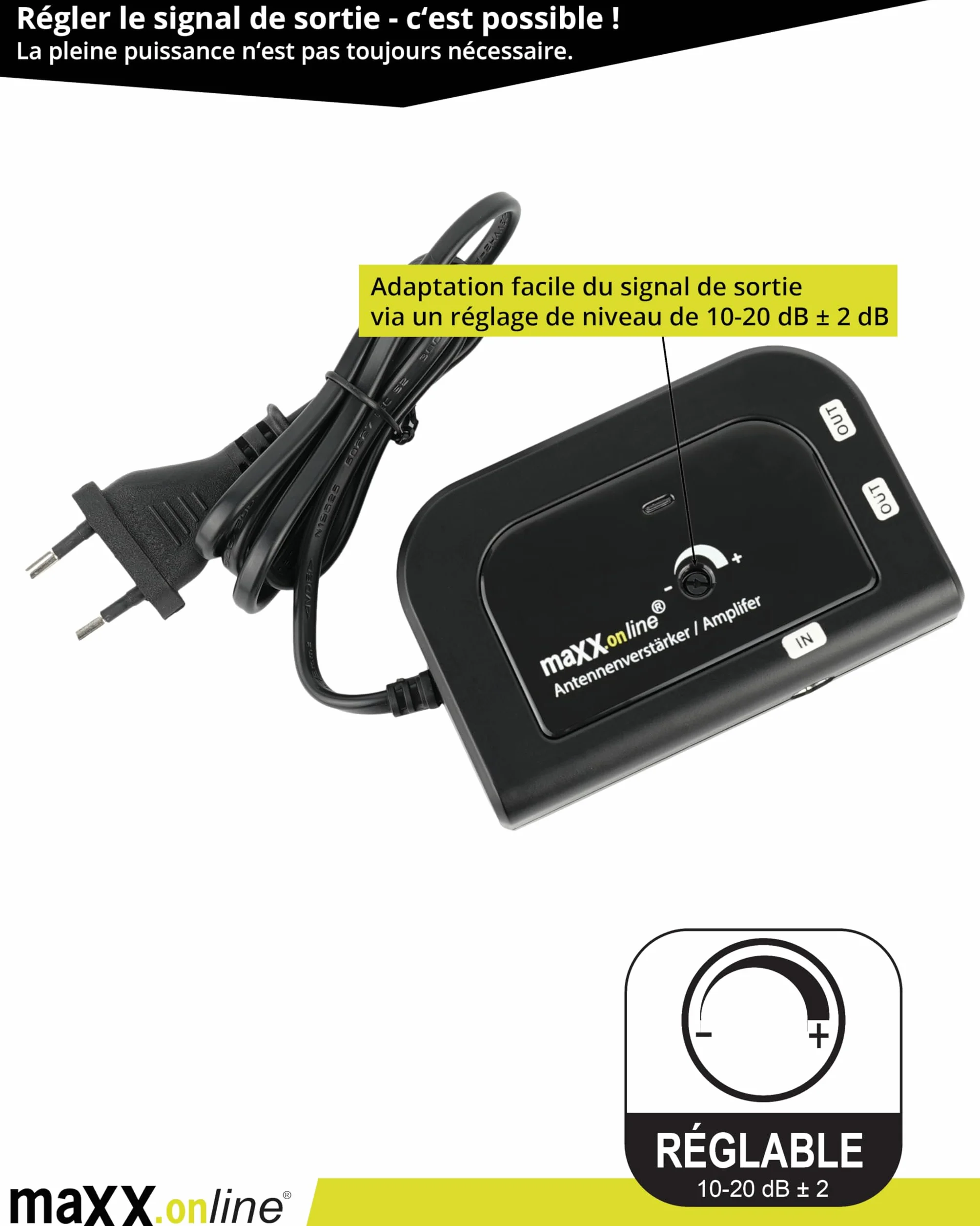 Amplificateur d'antenne 2x20 dB, 85-1006 MHz, F, TV par câble