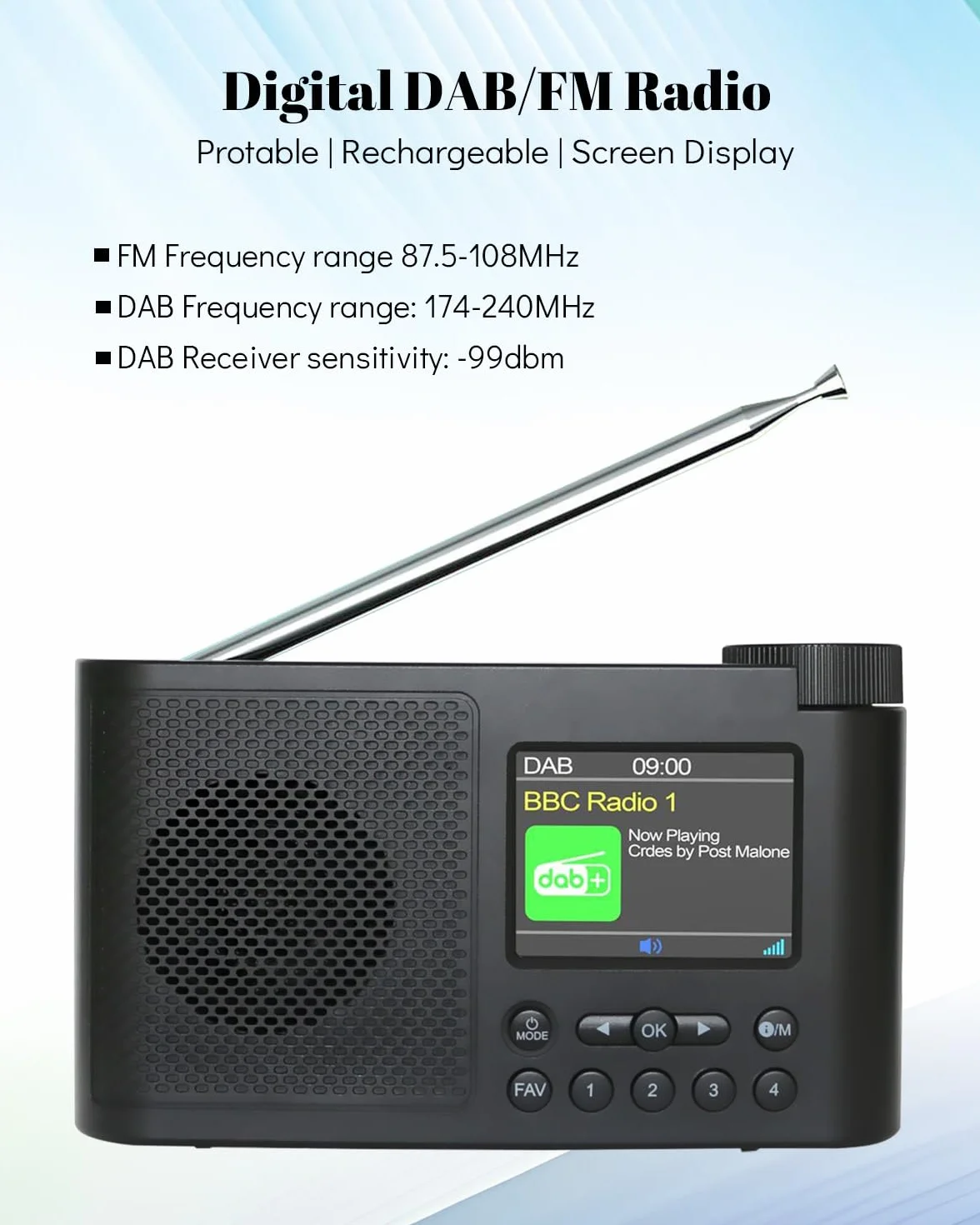 Radio Dab Portable, Radios Dab Plus Numériques avec Bluetooth, Radio FM Rechargeable par USB, Radio Petite Alimentée par Batterie, Horloge Doubles Alarmes, Minuterie de Veille, 40 Stations Préréglées