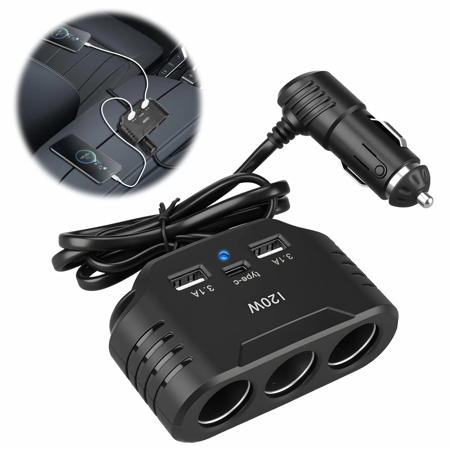 120W Prise Allume Cigare 12V 24V, Adaptateur avec 3 Prises Allume-Cigare 2 USB-A Port 1 Type C 5V 3.1A, Multi Chargeur Splitter avec LED pour Tablette GPS Phone Dash Cam Caméra Voiture