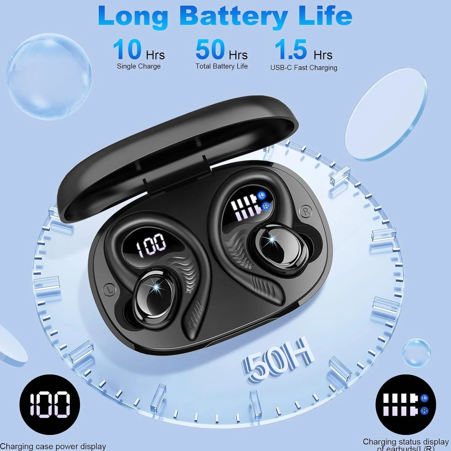 Ecouteurs Bluetooth sans Fil Sport, Écouteur Bluetooth 5.4 avec 4 ENC Mic, 60+Hrs Ecouteurs sans Fil HiFi Stéréo, IP7 Étanche Oreillette Bluetooth Running, USB-C Charge Rapide, Casque Écran LED 2026