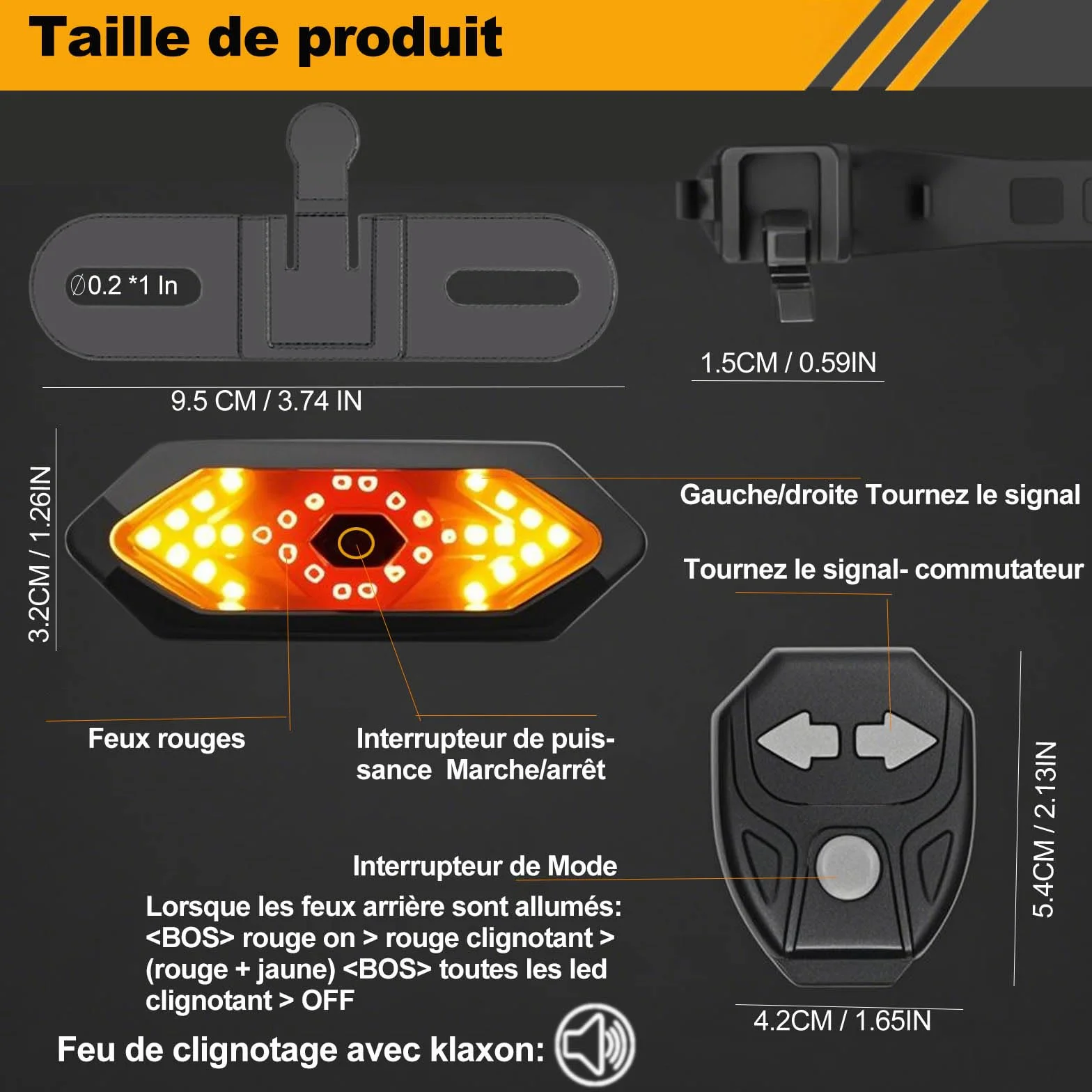 EBUYFIRE Feu Arrière Vélo LED Clignotants Télécommande 5 Modes IPX4 USB Rechargeable Klaxon Montage Universel