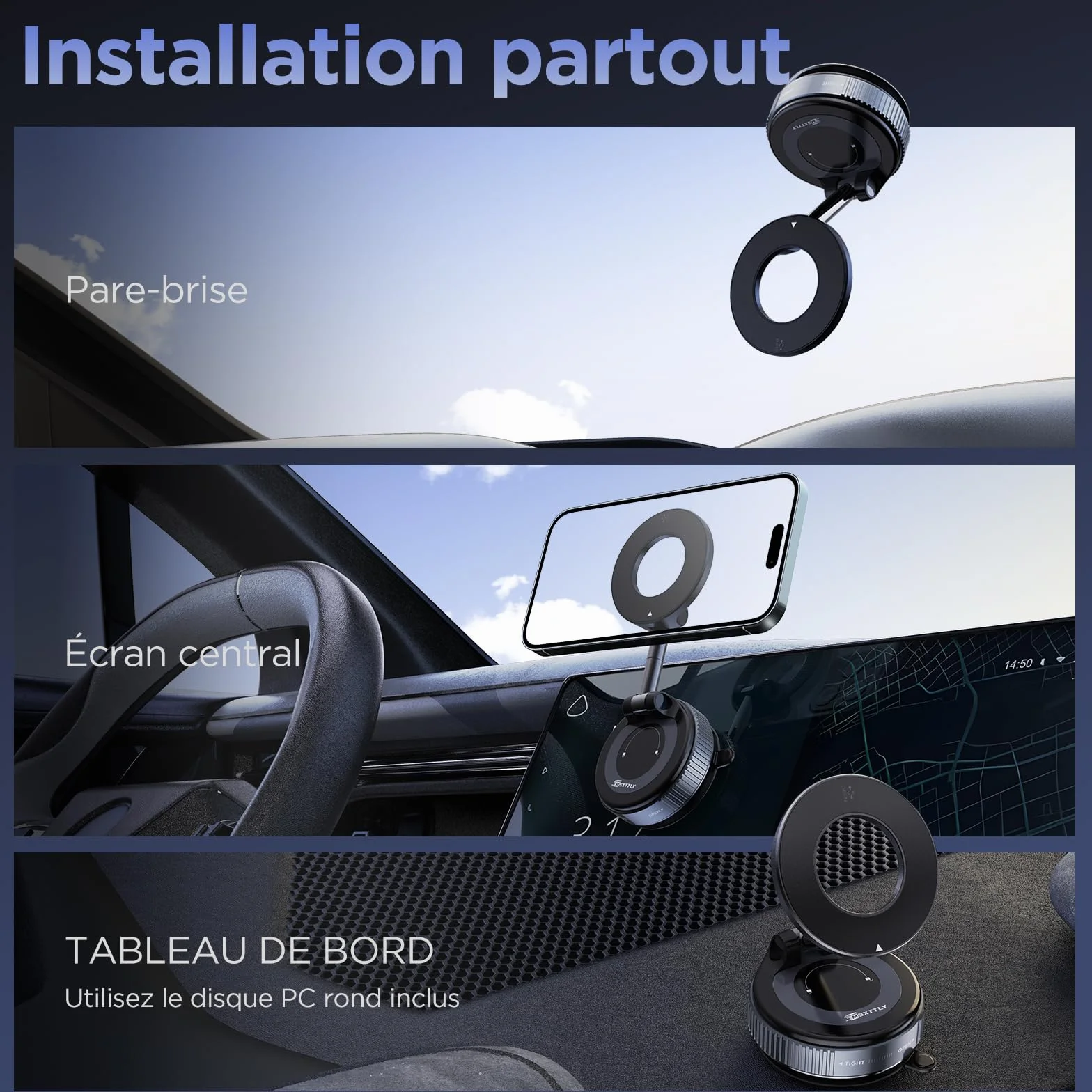 MSXTTLY Support Telephone Voiture pour Magsafe Support Telephone Voiture Magnétique, Rotation 360 Portable Aimanté Voiture pour iPhone 17 Pro Max 16-12 et Android, Vmag-S1 Noir