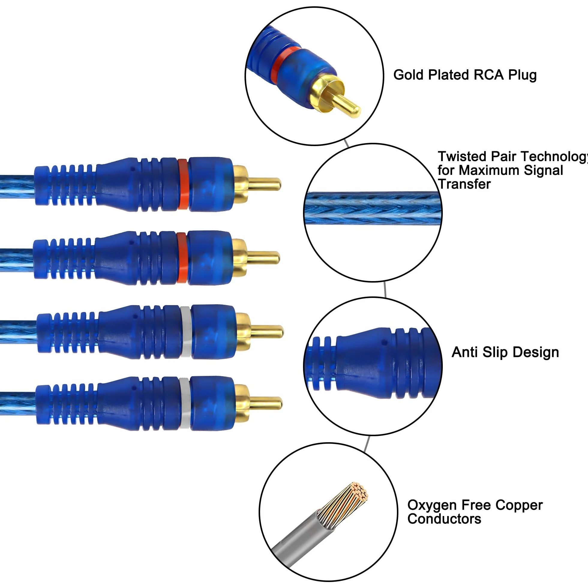 MEIRIYFA Câble d'interconnexion audio RCA pour voiture, 2 canaux à 4 canaux RCA audio voiture y Splitter adaptateur cavalier Paire torsadée OFC full Shield Noise Reduction (5m)