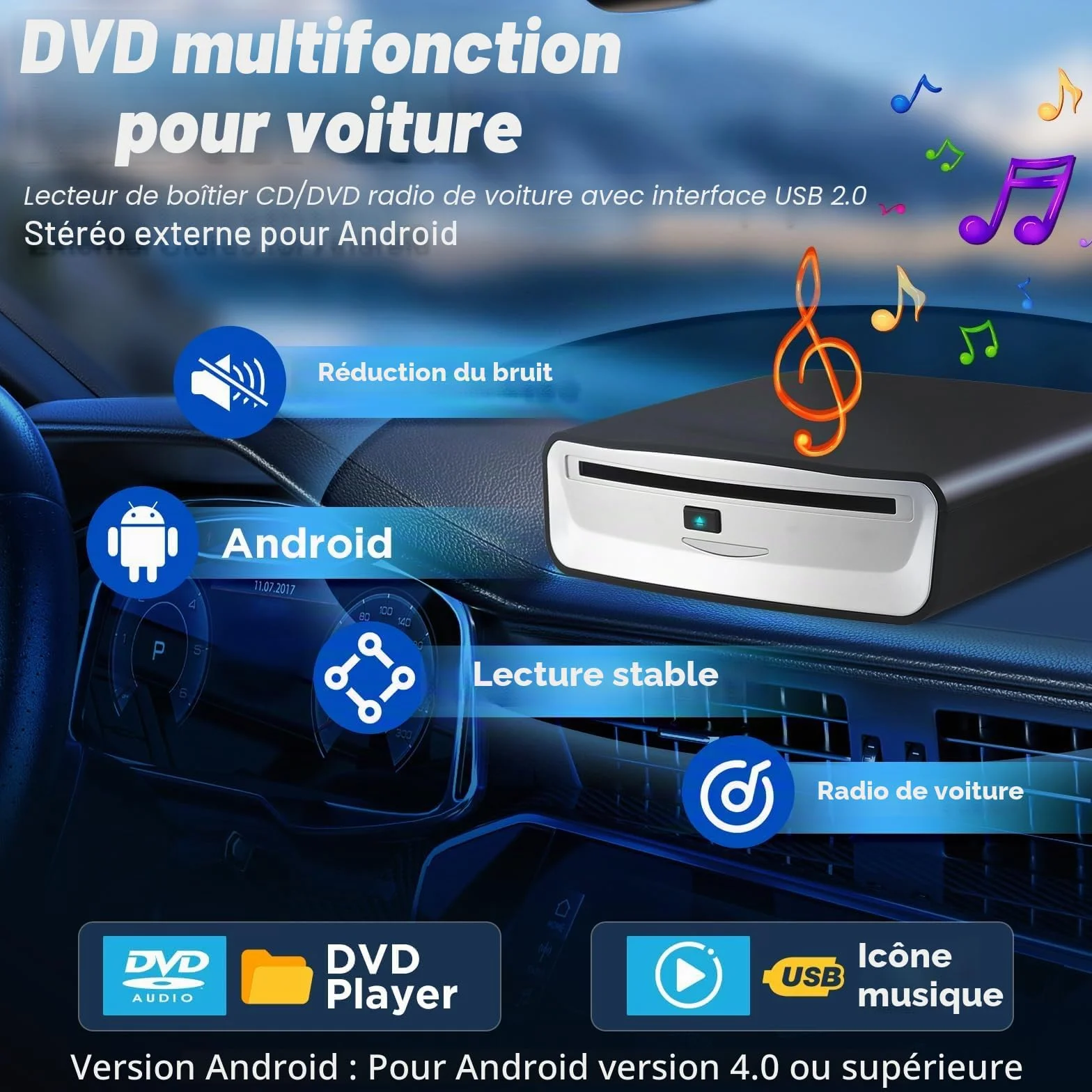 Lecteur CD DVD Externe USB pour Auto, Ordinateur, TV - Lecteur Optique Portable Plug & Play avec Connecteur USB 2.0 pour Autoradio, PC, Multimédia - Aucun Pilote Requis