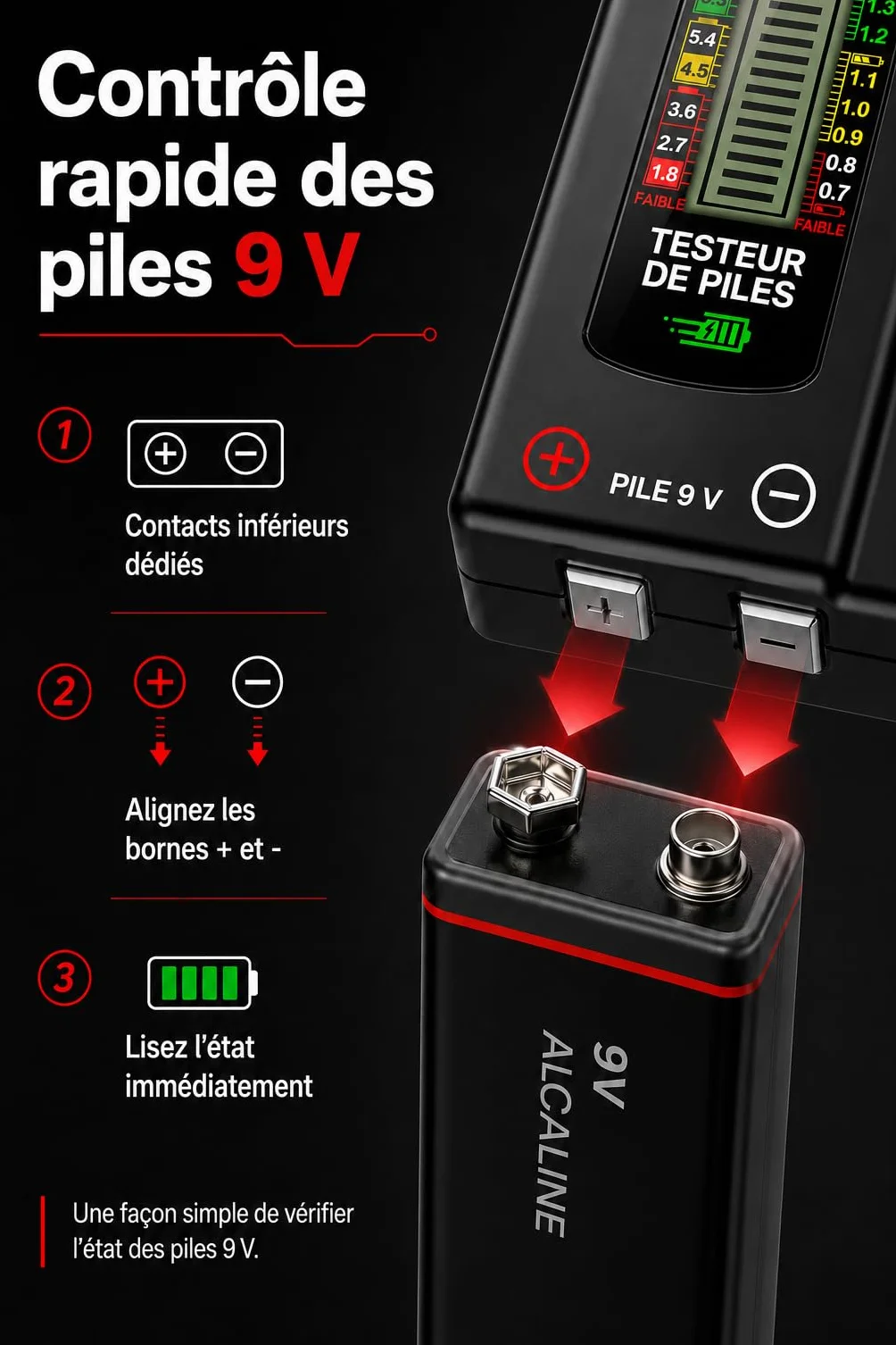 VOBOR Testeur de Piles Numérique Universel, Écran LCD, Battery Tester pour Piles AA AAA C D 9V 1,5V Pile Bouton