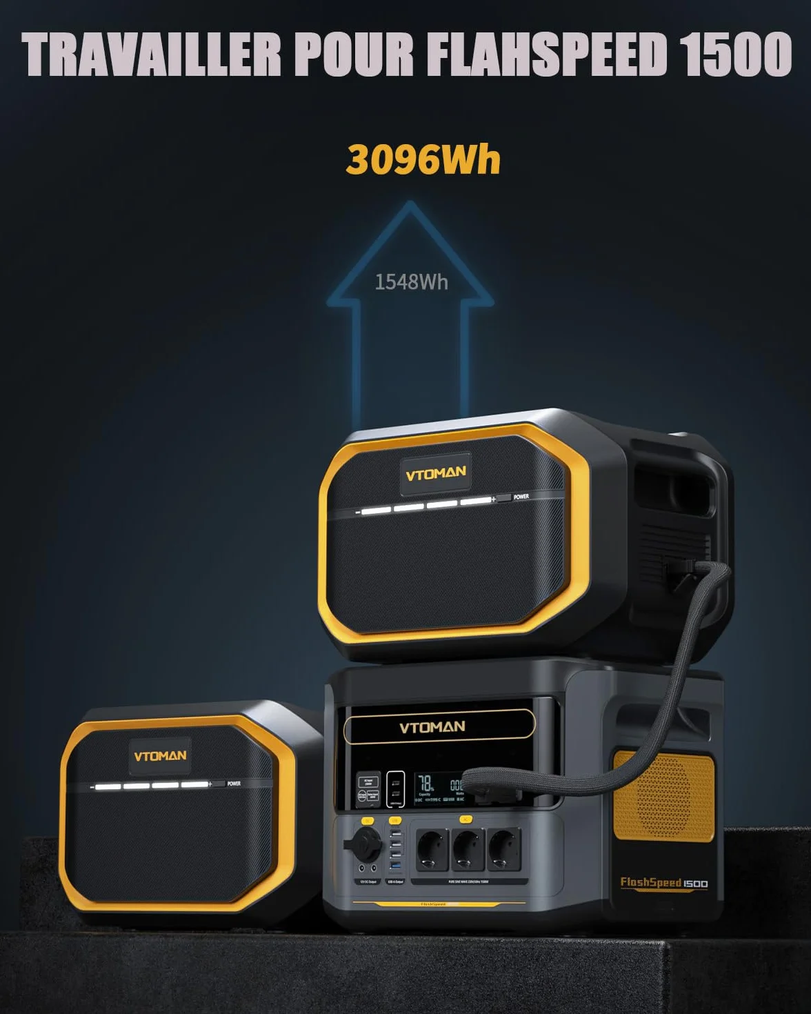 VTOMAN FlashSpeed 1500 Batterie Supplémentaire 1548Wh - pour FlashSpeed 1500/1000 Station Électrique Portable, Extensible à 3096Wh, LiFePO4 Batterie d'expansion avec Protection BMS