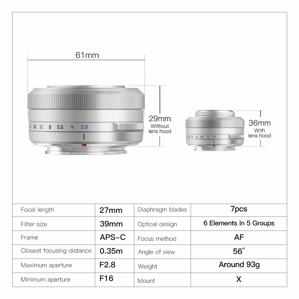 TTArtisan 27mm F2.8 Objectif APS-C Auto Focus pour Fuji X Mount Argent
