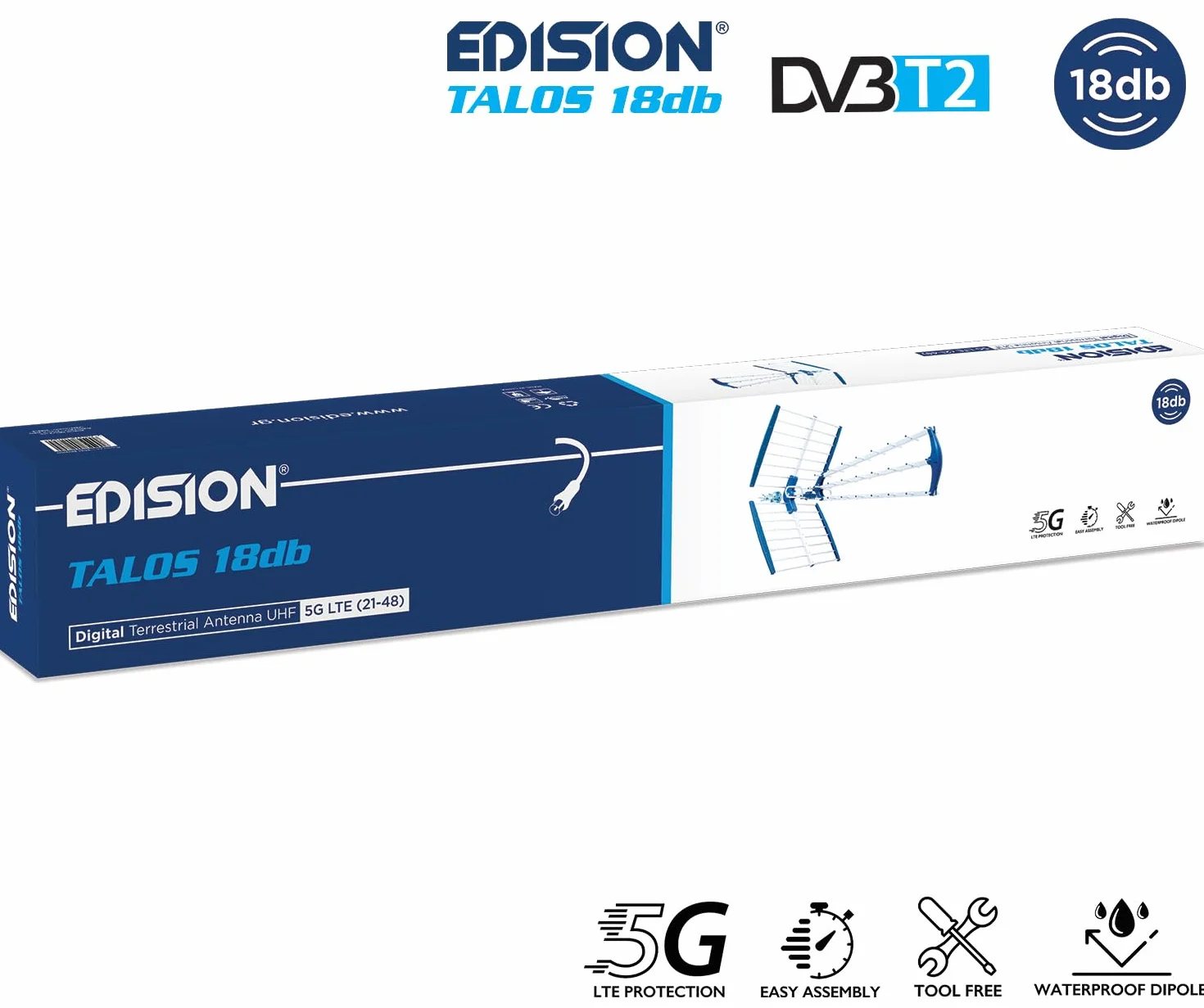 EDISION TALOS Antenne Trinappe extérieure UHF 21-48 18db Filtre 5G LTE intégré TNT DVB-T/T2 470-694Mhz 105cm