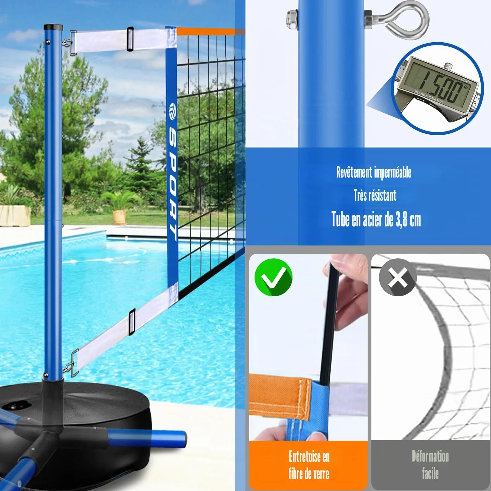 Filet de volleyball de piscine portable intérieur/extérieur avec 2 balles, base robuste, réglable 4,5-7,6 m