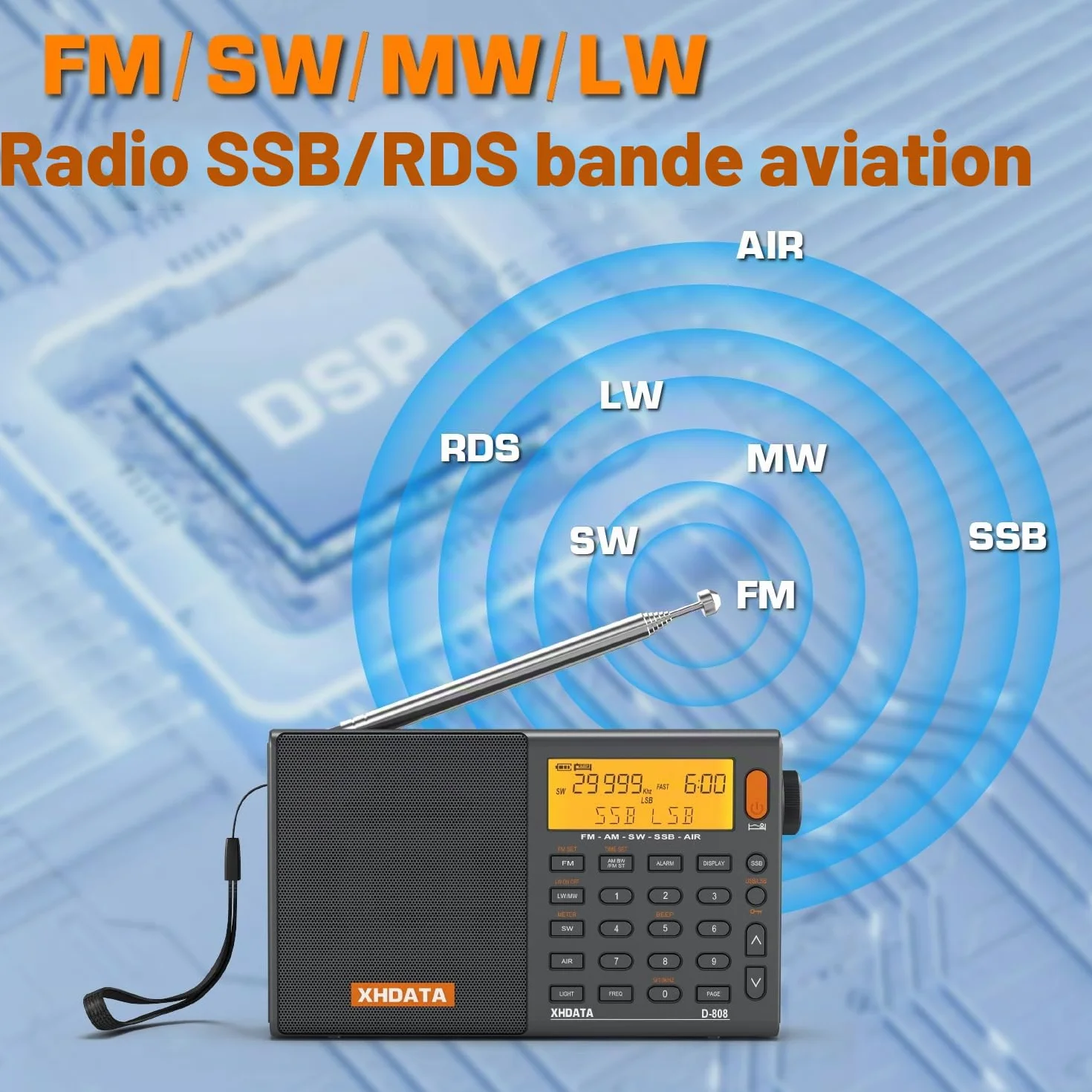 XHDATA D-808 Portable Radio Numérique FM Stéréo/SW/MW/LW SSB RDS Bande Air Band Multi Haut-Parleur avec Affichage LCD Réveil Antenne Externe et 2000mah Batterie (Gris)
