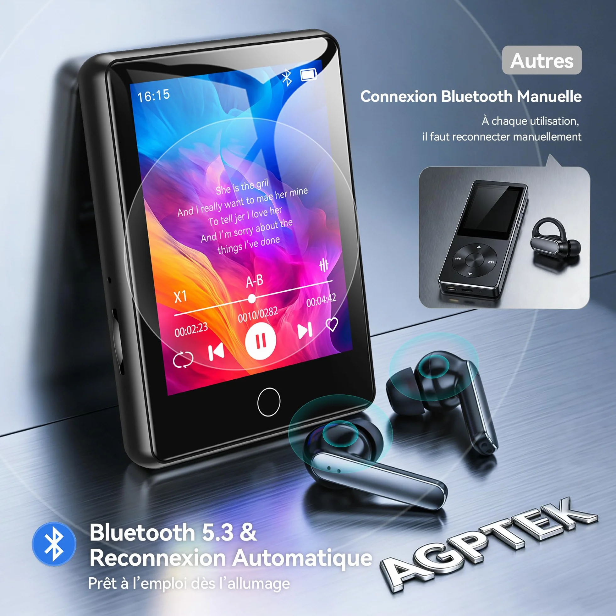 AGPTEK Lecteur MP3 Bluetooth 5.3 64Go, Baladeur Numérique 2.8" Écran Tactile HiFi Sport avec Haut-Parleur Radio FM Enregistreur