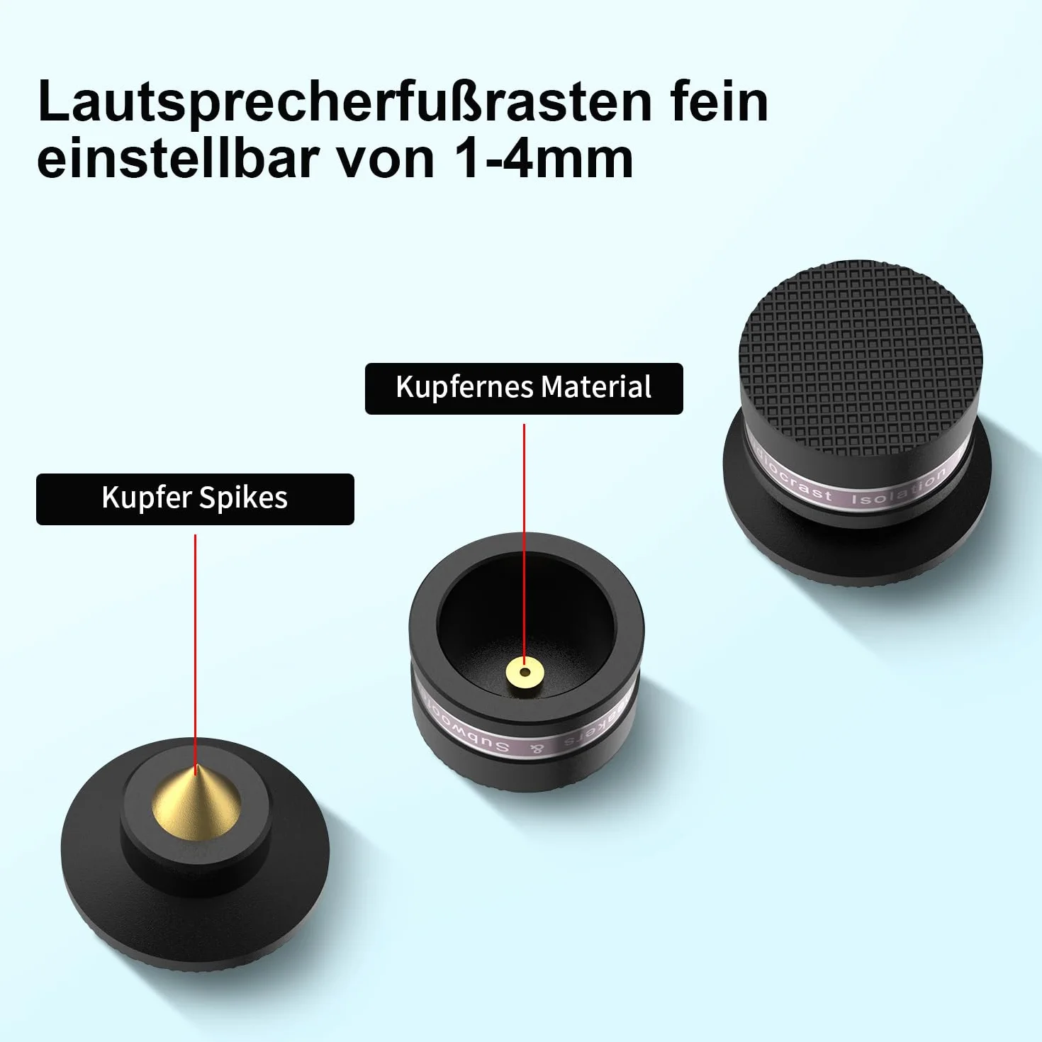 Lot de 4 haut-parleurs en aluminium - Pieds - Réglable en hauteur avec rondelle - Absorbeur de chocs - Pour haut-parleurs, appareils Hi-Fi, caisson de basses et CD DAC - Noir