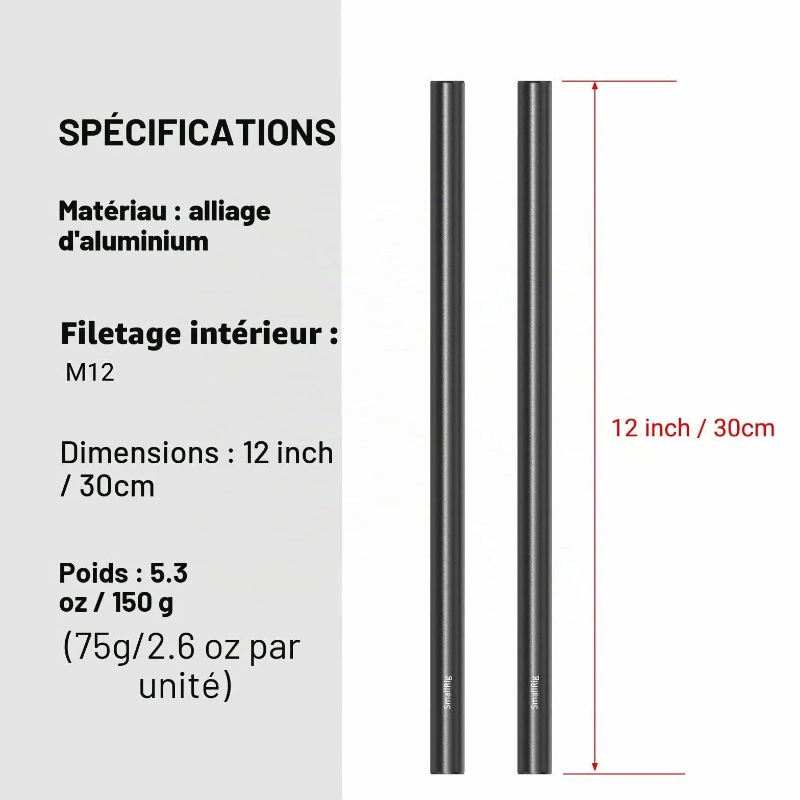 SMALLRIG 15mm Rod en Alliage D'aluminium 30cm, Lot de 2-1053