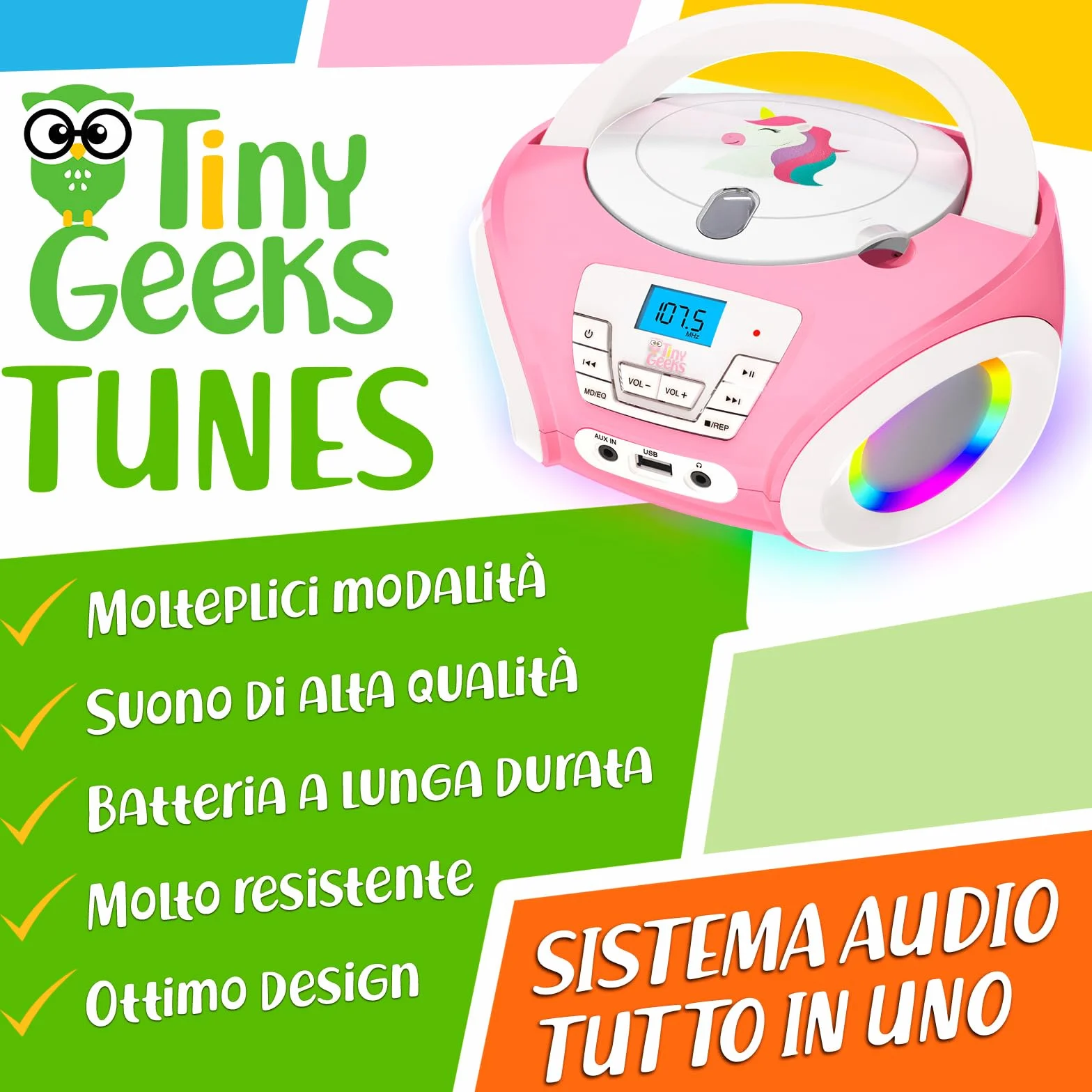 Tinygeeks Tunes Lecteur CD Enfant - Nouveauté - Radio FM - Piles incluses - Radio Mignon avec Haut-parleurs - Le Cadeau Parfait pour Les Tout-Petits - Rose