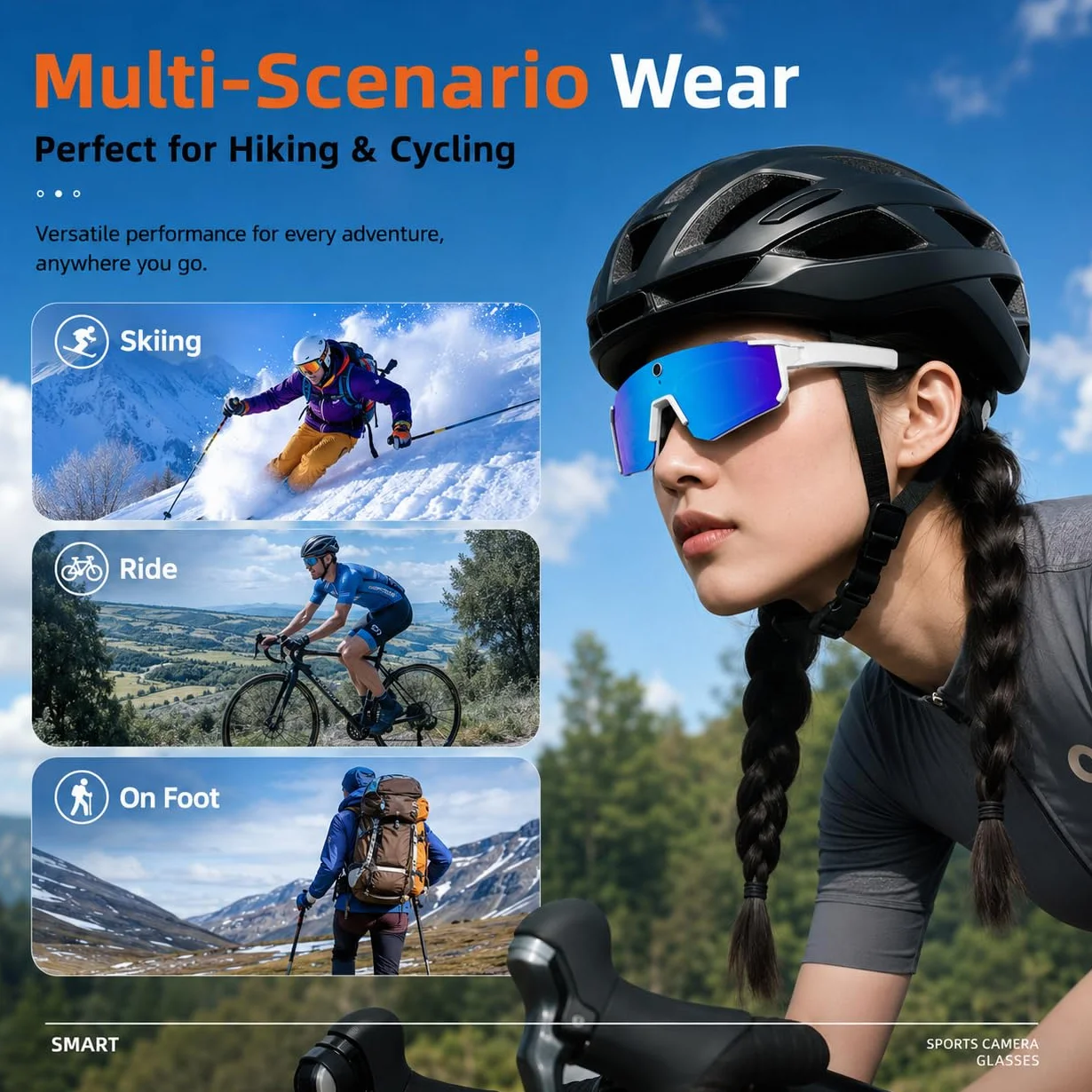Lunettes Intelligentes 4K AI, Caméra 8MP, Lunettes de Sport Bluetooth avec Commande Vocale, Stabilisation EIS, IP54 pour Le Cyclisme, Le Ski, la Randonnée (Orange Rouge)