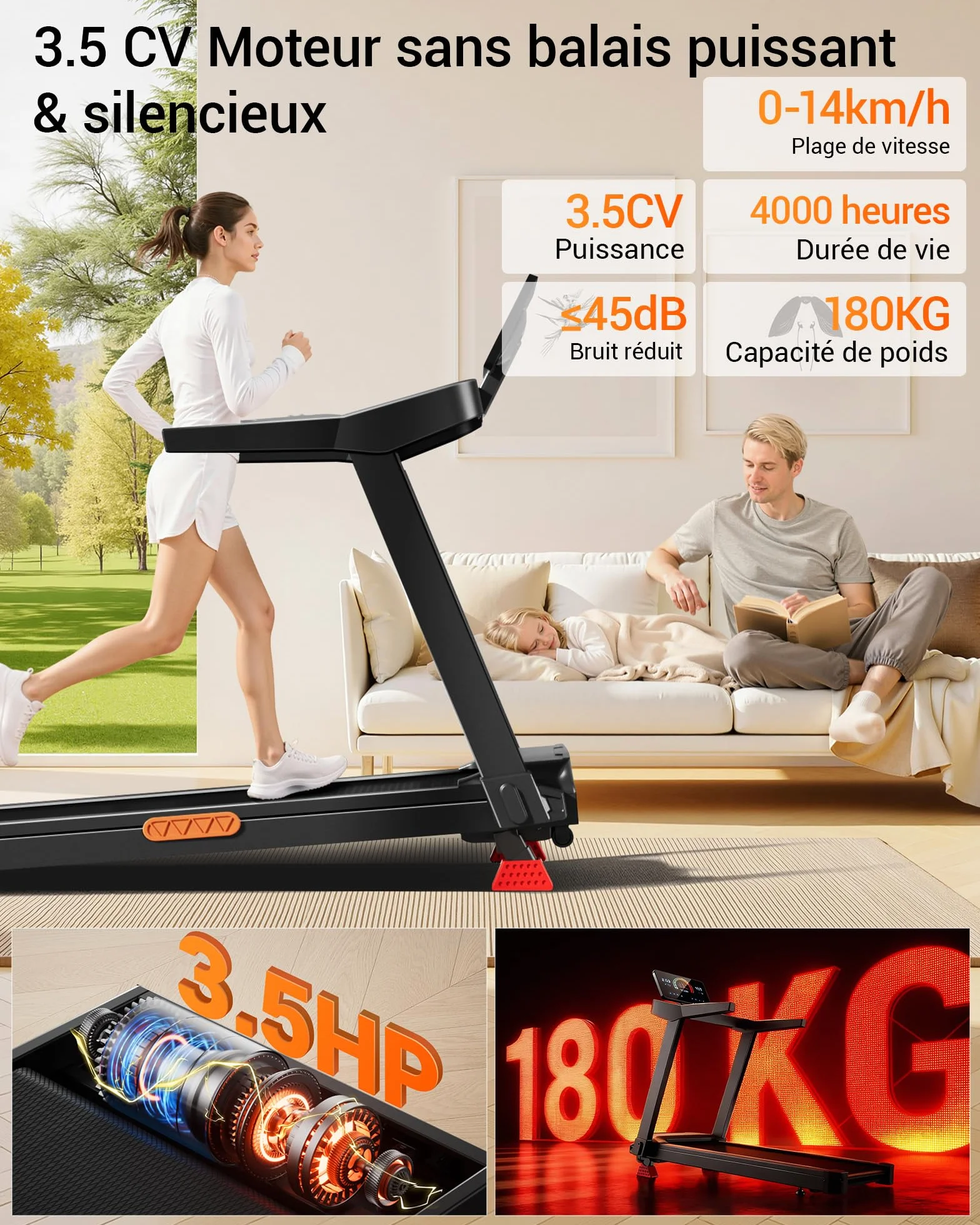 LONTEK Tapis de Course Pliable Inclinable 16% 14KM/H 3,5CV avec Fréquence Cardiaque Affichage LED Charge Max 180KG Compact