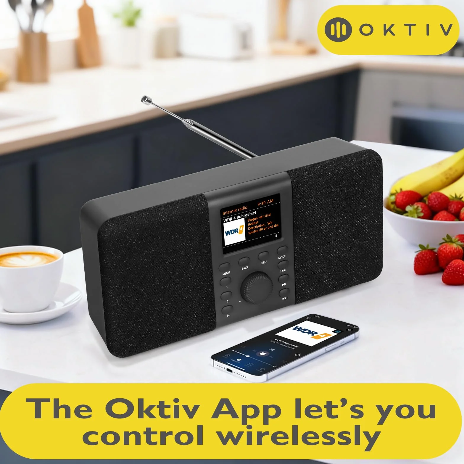 SR20 Radio Internet Stéréo avec Radio Numérique Dab/Dab+,WiFi avec Lecteur de Podcasts,Intelligente avec Bluetooth,FM,de Cuisine Secteur et Batterie,écran Couleur,Alarmes Doubles-Noir