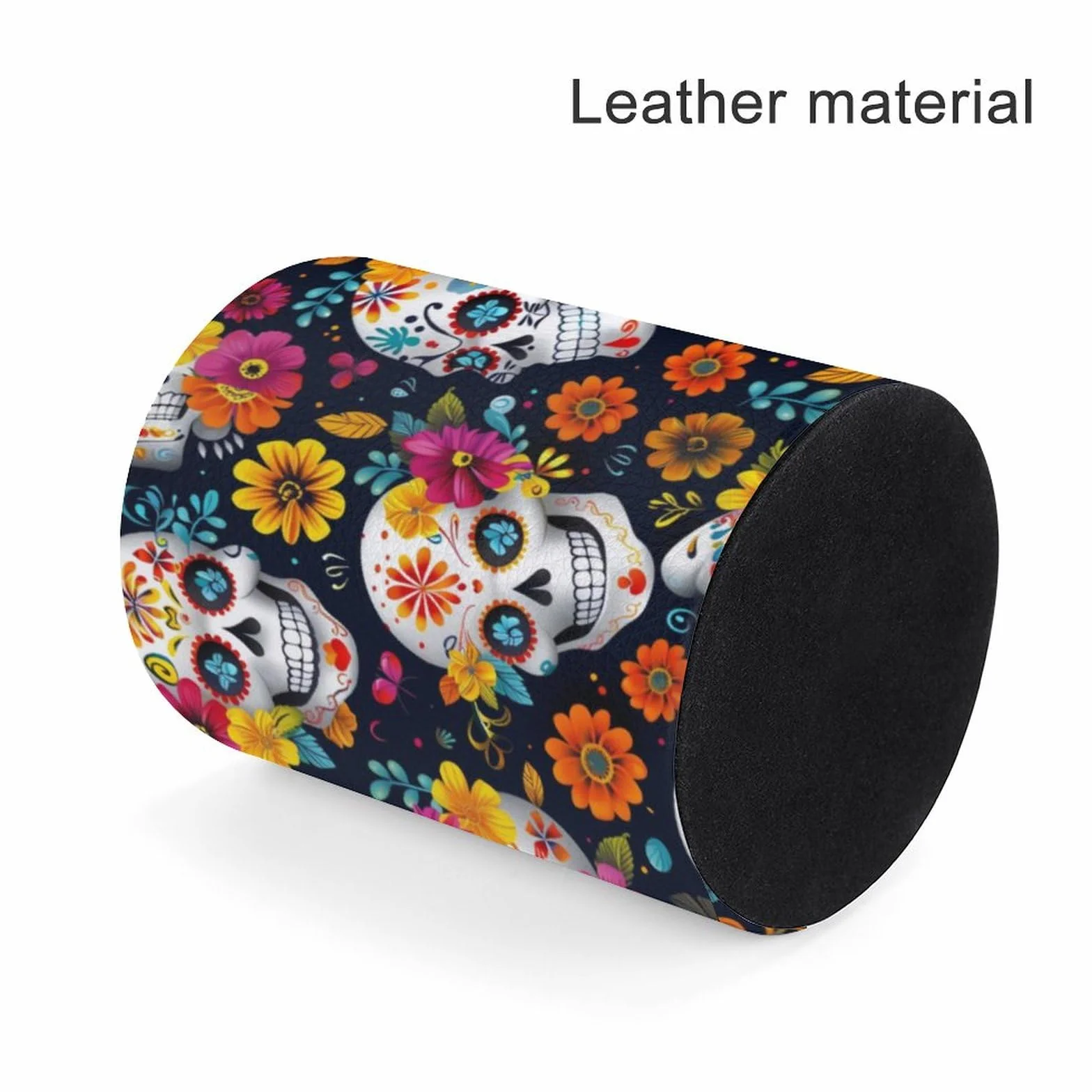 Pot à crayons rond en cuir tête de mort mexicaine - Organiseur maquillage bureau multifonctions