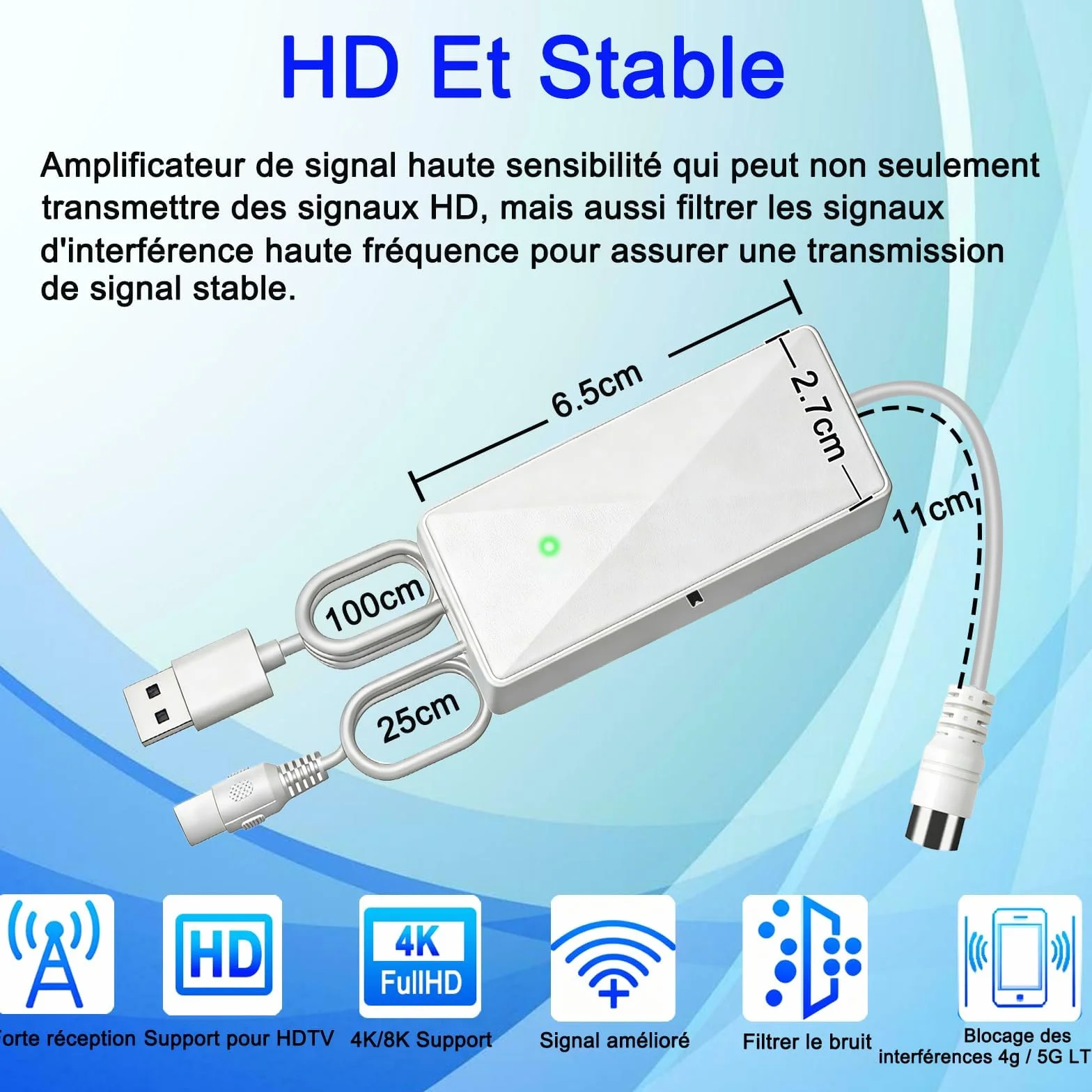 Amplificateur Antenne TV, Alimenté par USB, Gain Elevé 25dB, Booster de Signal pour TNT/DVB-T2, Compatible Antenne Intérieure et Extérieure, Amélioration de Réception (White)