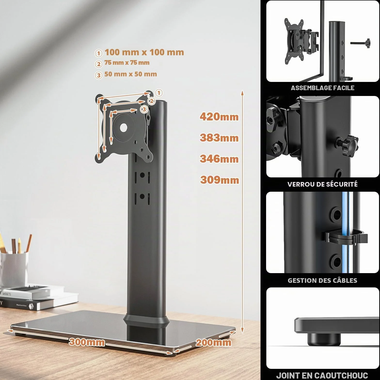 Hemudu Support de Bureau Simple pour écran LCD 13"-32" avec Pivot, Hauteur réglable, Rotation, 35 kg