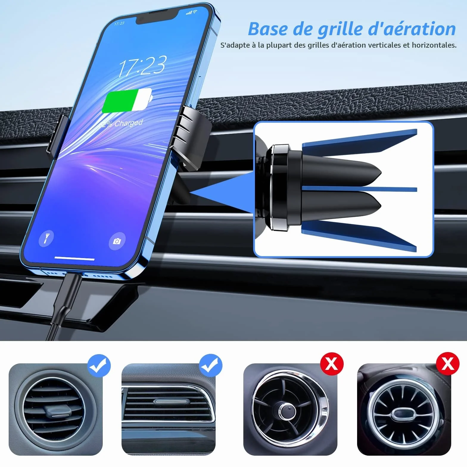 Blukar Support Téléphone Voiture, Porte Telephone Voiture Grille d'aération Support Ventilation, Super Solide Facilité d'utilisation 360°Rotation Compatible avec iPhone 17/16/15 et 4.7-6.7" Smartphone