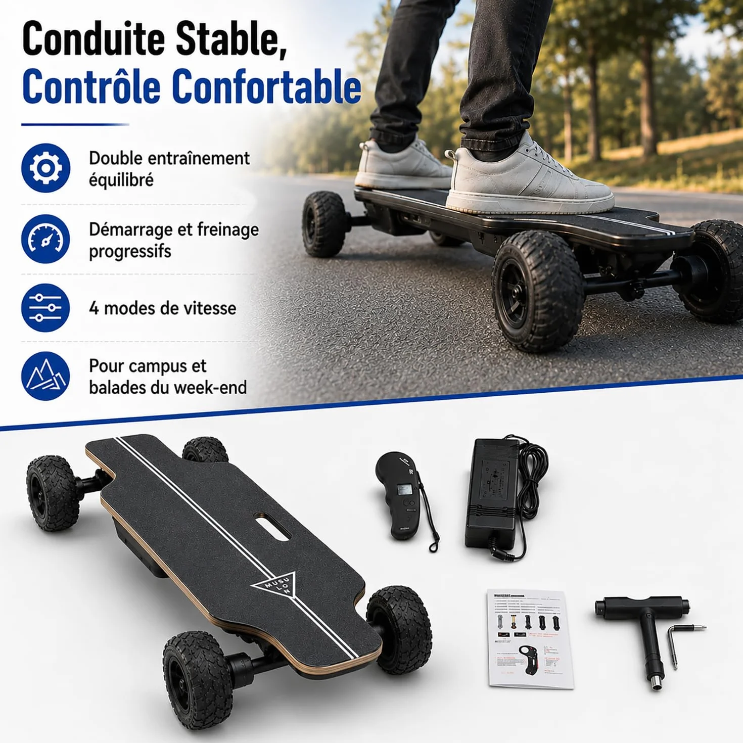 Skate Électrique Portable 105mm Double Moteur Télécommande LCD