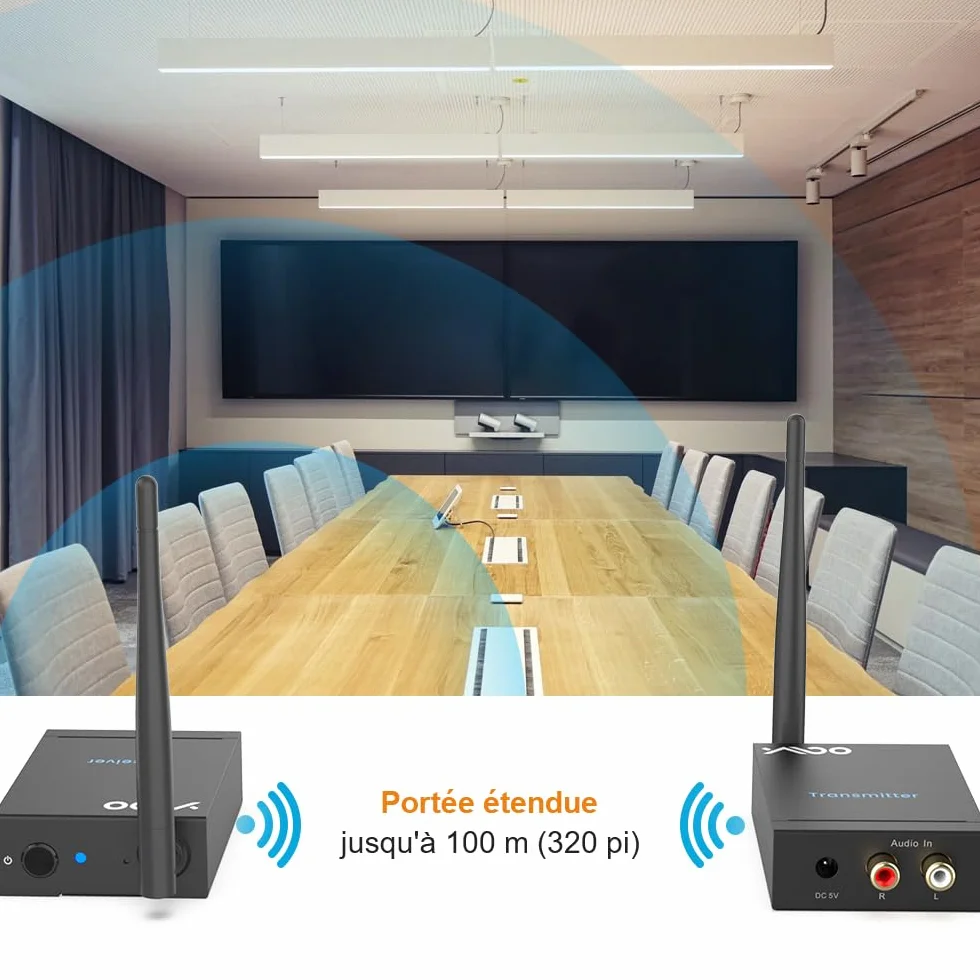 YMOO Wireless émetteur-récepteur de Transmission Audio 2,4 GHz, Adaptateur Audio Jack RCA 3,5 mm, Faible Latence 20ms, stéréo HiFi 48 kHz/24 Bits pour TV/PC vers Caisson de Basses/Haut-Parleur/ampli