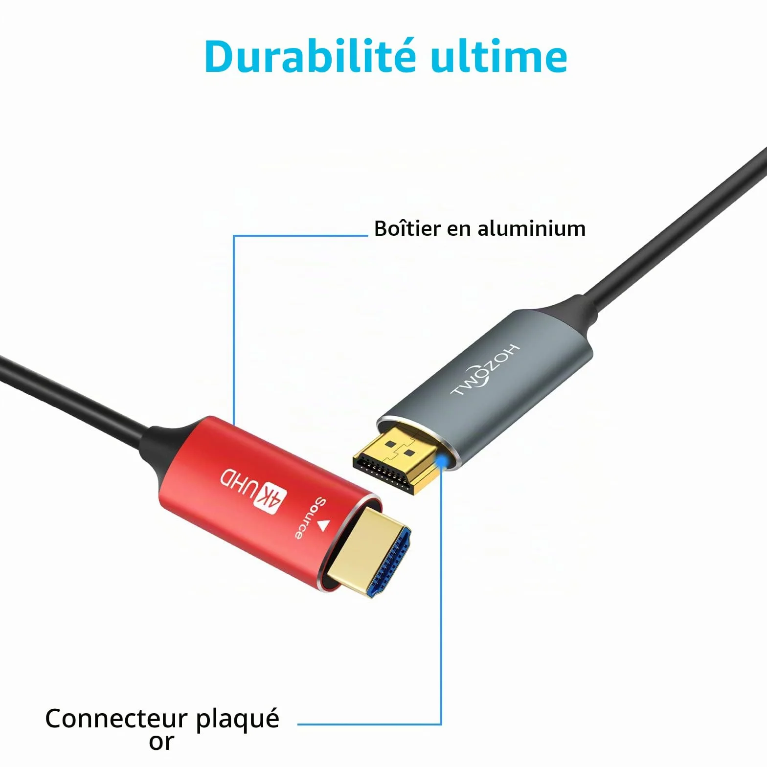 Twozoh Câble Fibre Optique HDMI 20M, Câble HDMI Fibre Optical 4K Supporte 3D/4K@60Hz /18Gbps