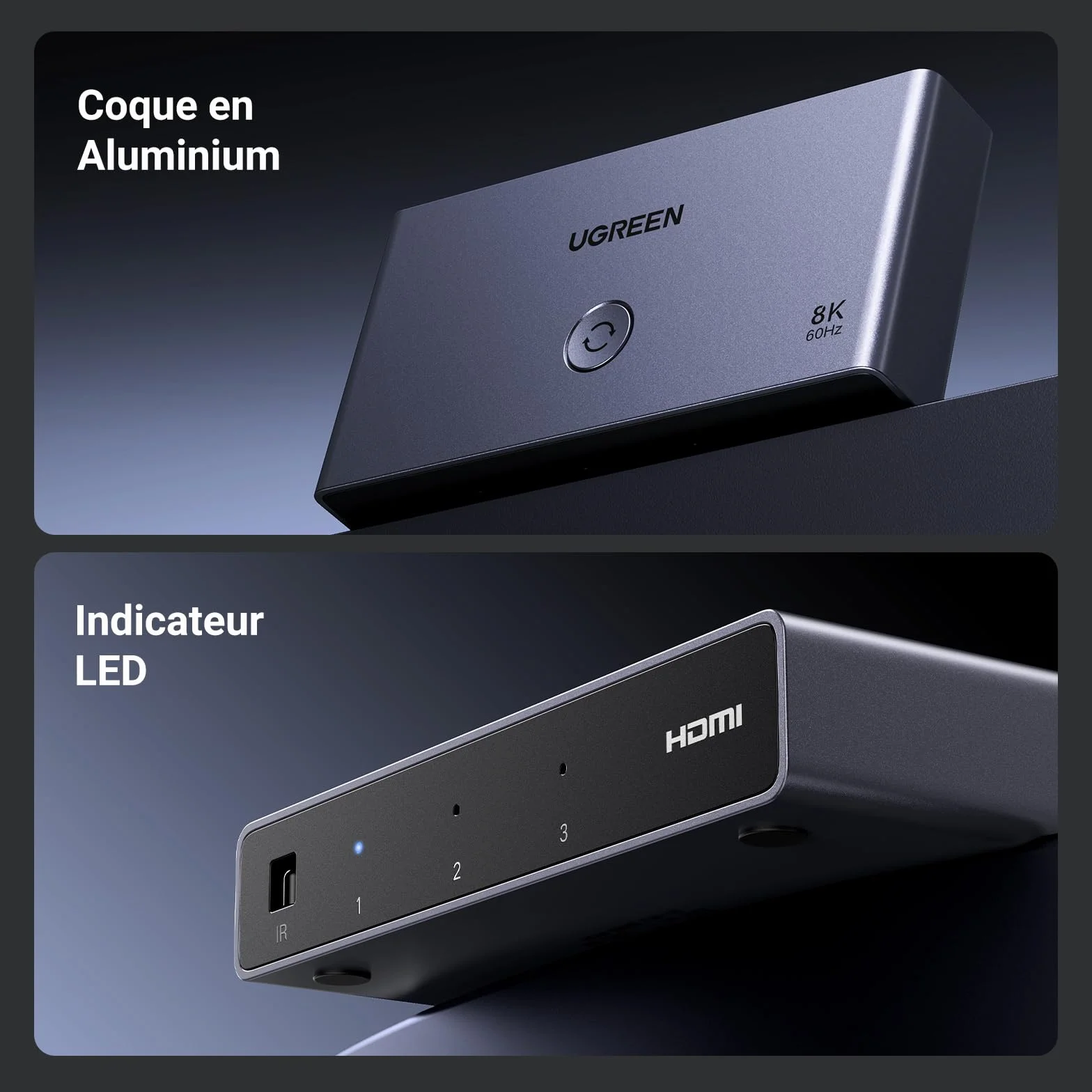 UGREEN Switch HDMI 2.1 8K 60Hz Commutateur 4K 120Hz 3 Entrées 1 Sortie 48Gbps
