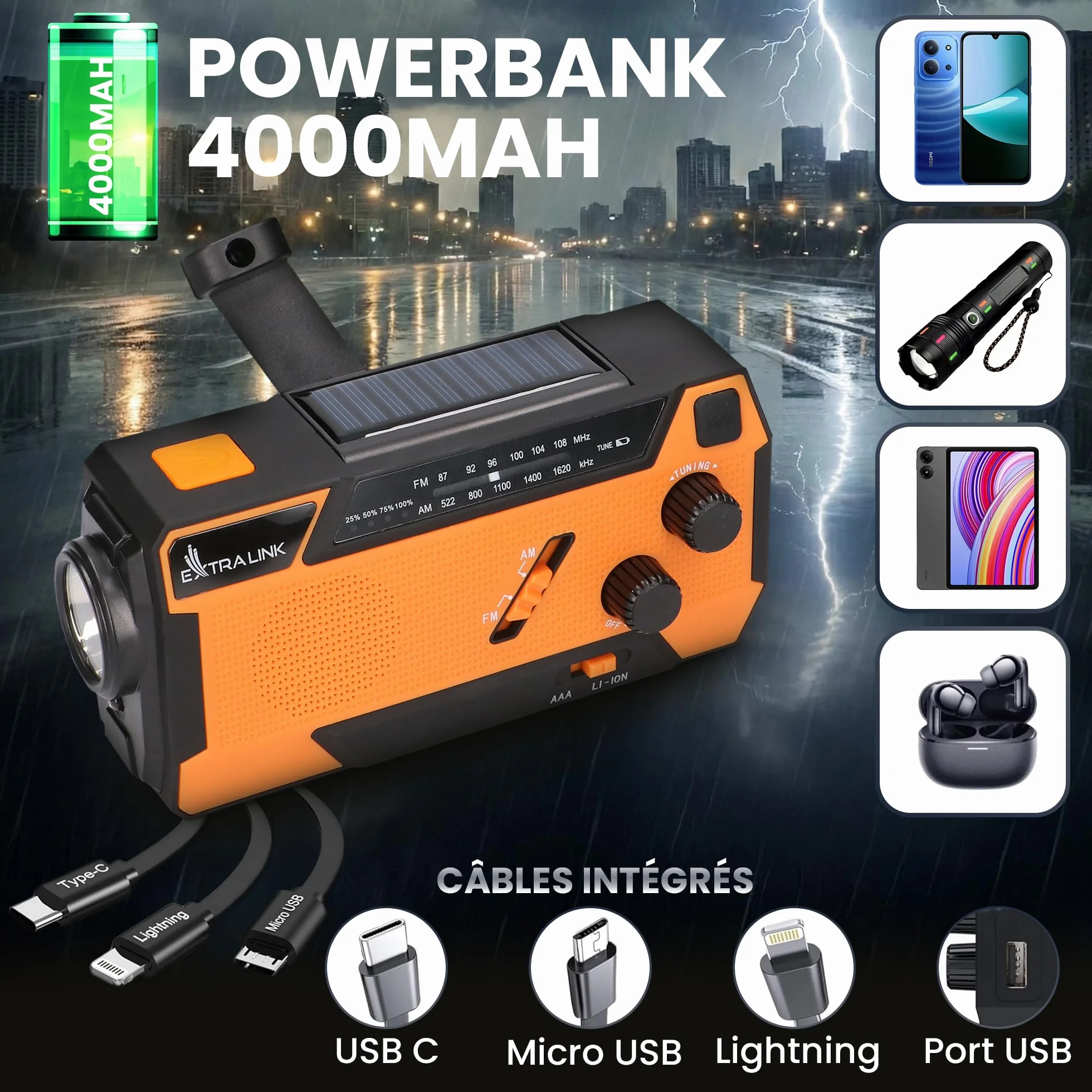 Radio Portable d'Urgence à Manivelle avec Panneau Solaire 4000mAh FM/AM Torche LED SOS Extralink