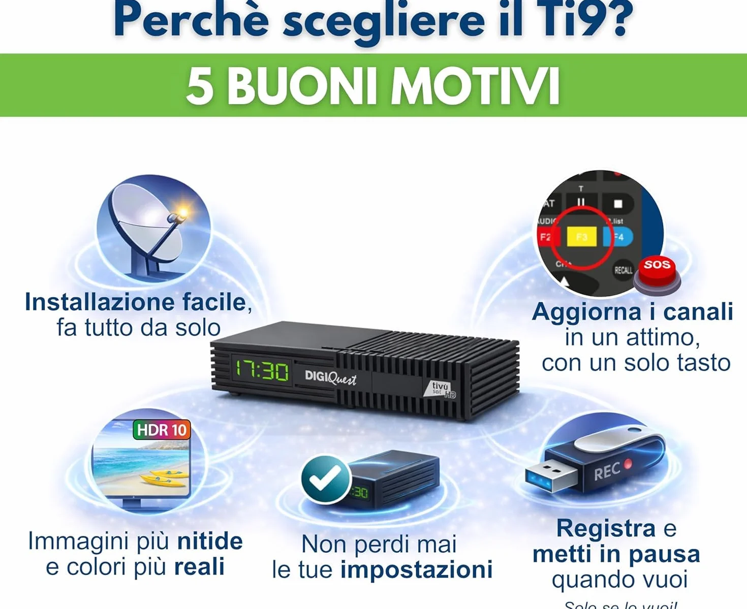 DIGIQUEST Décodeur Tivùsat Ti9, DVB-S2 | VOITURE INSTALLANTE | Double télécommande 2 en 1 dont une avec grandes touches | Carte intelligente Tivùsat incluse | HDR |Fonction d'enregistrement activable