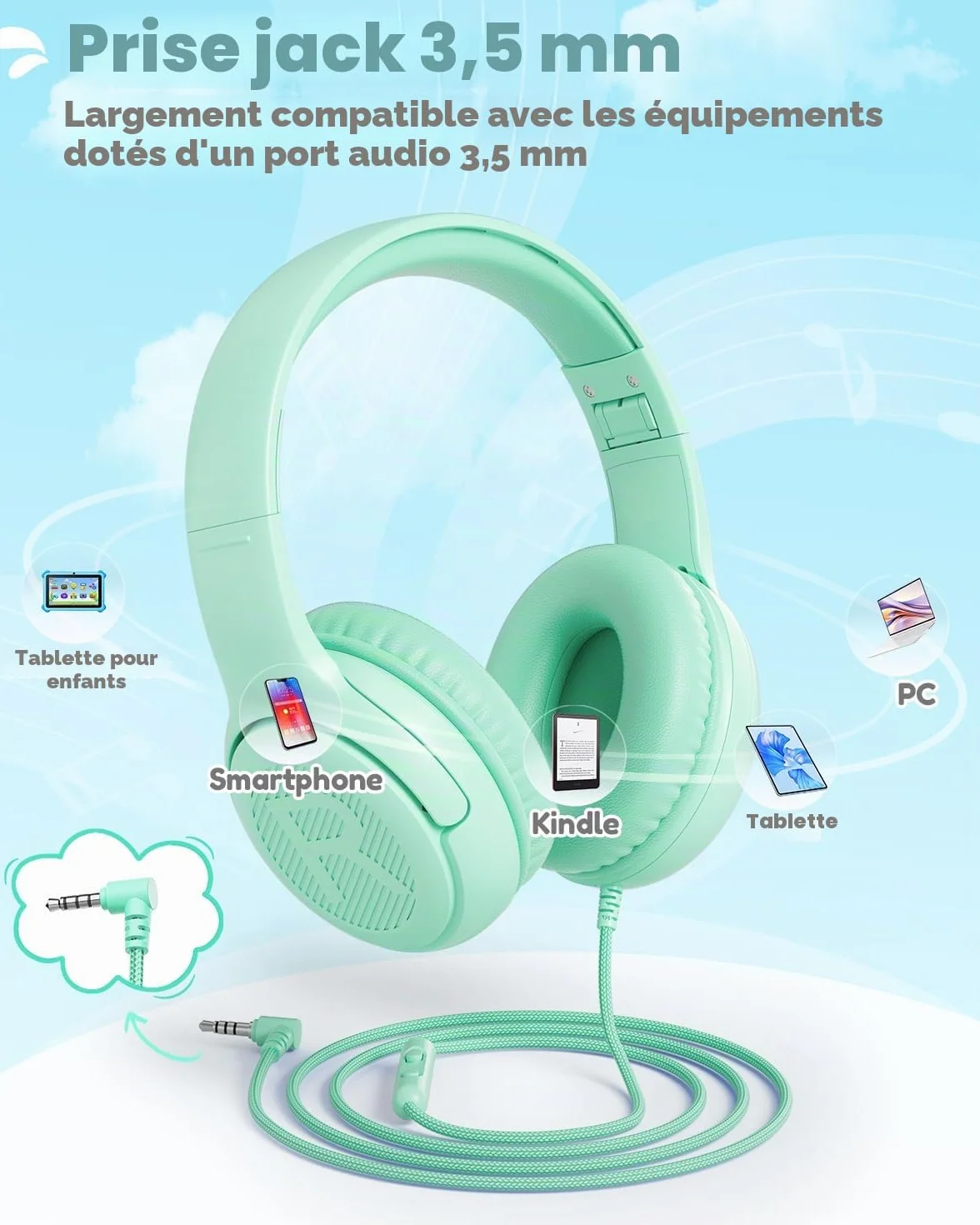 awatrue Casque Audio Enfant, Casque Enfant Filaire avec Volume Limité 85/94db, Fil 3.5 Mm, Pliable, Partager l’Audio, Micro Integré pour Ipad/Voyage/Tablette/Téléphone, Vert