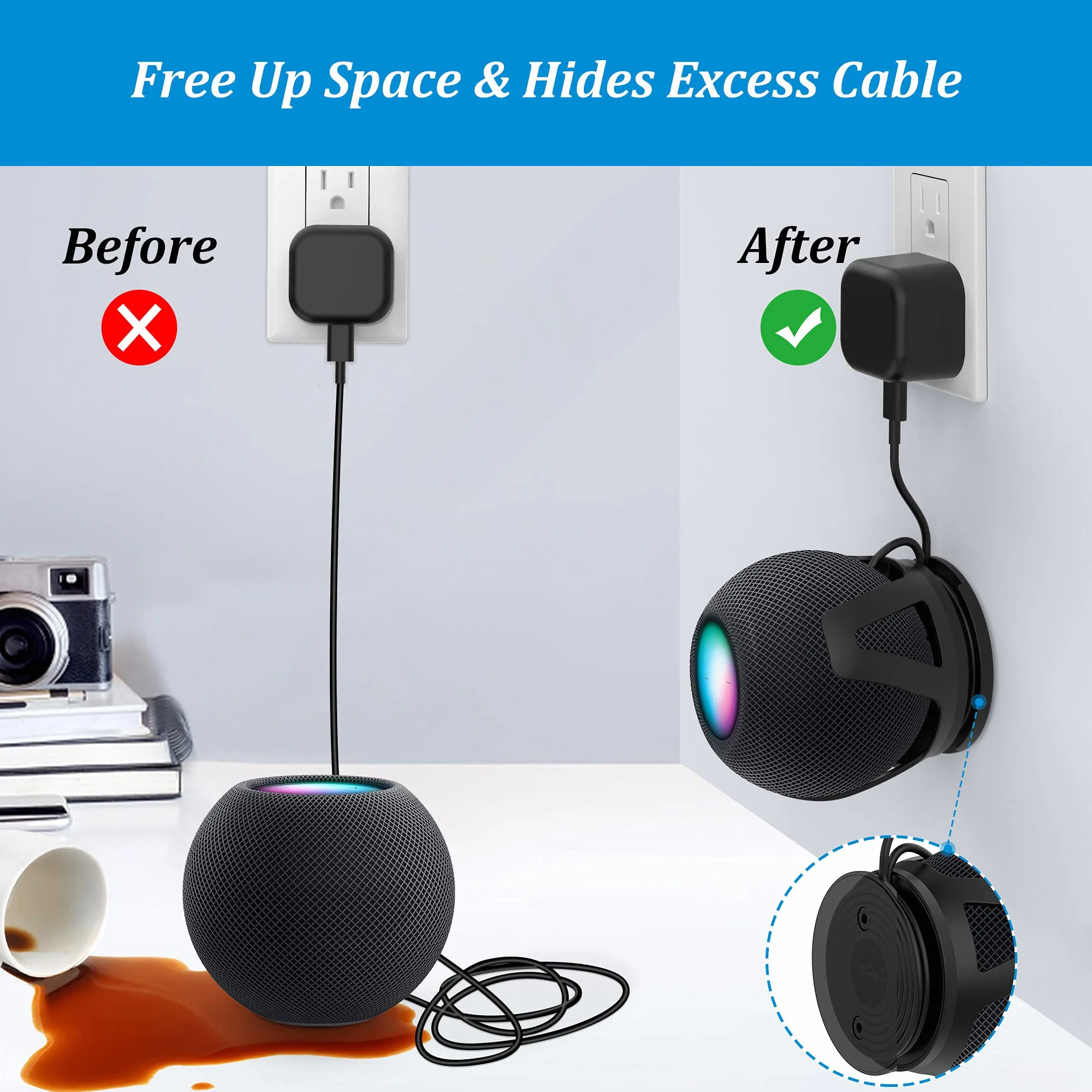 PlusAcc Lot de 2 support muraux pour Homepod Mini – Support avec 2 méthodes d'installation, gestion des cordons intégré, adapté pour chambre à coucher, cuisine, salon, noir