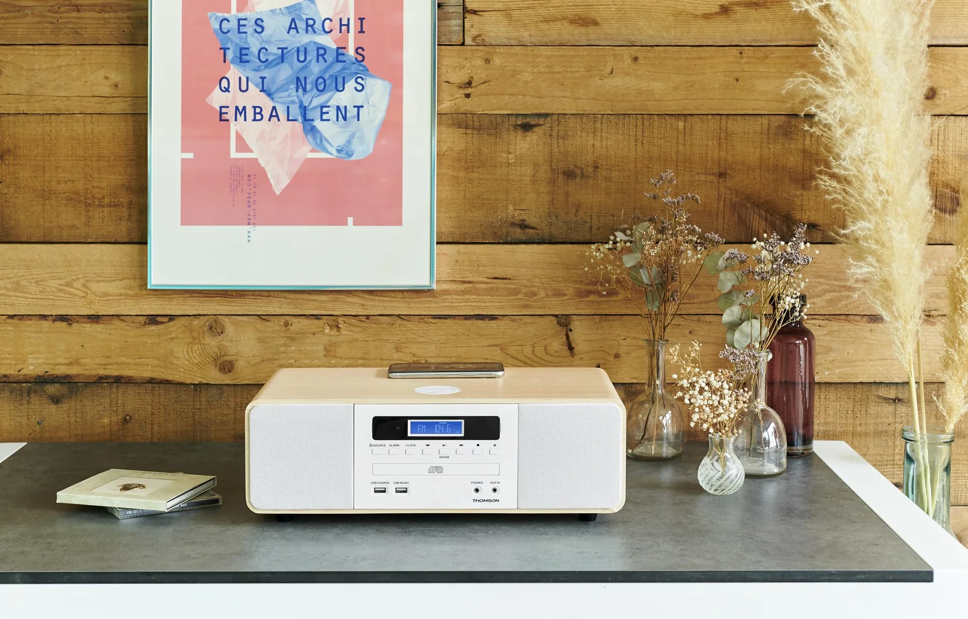 THOMSON Micro Chaîne Bluetooth Lecteur CD Enceinte HiFi 50W Radio FM DAB+ Chargeur Smartphone sans Fil Induction Compatible Iphone Samsung Galaxy Port Aux USB MP3