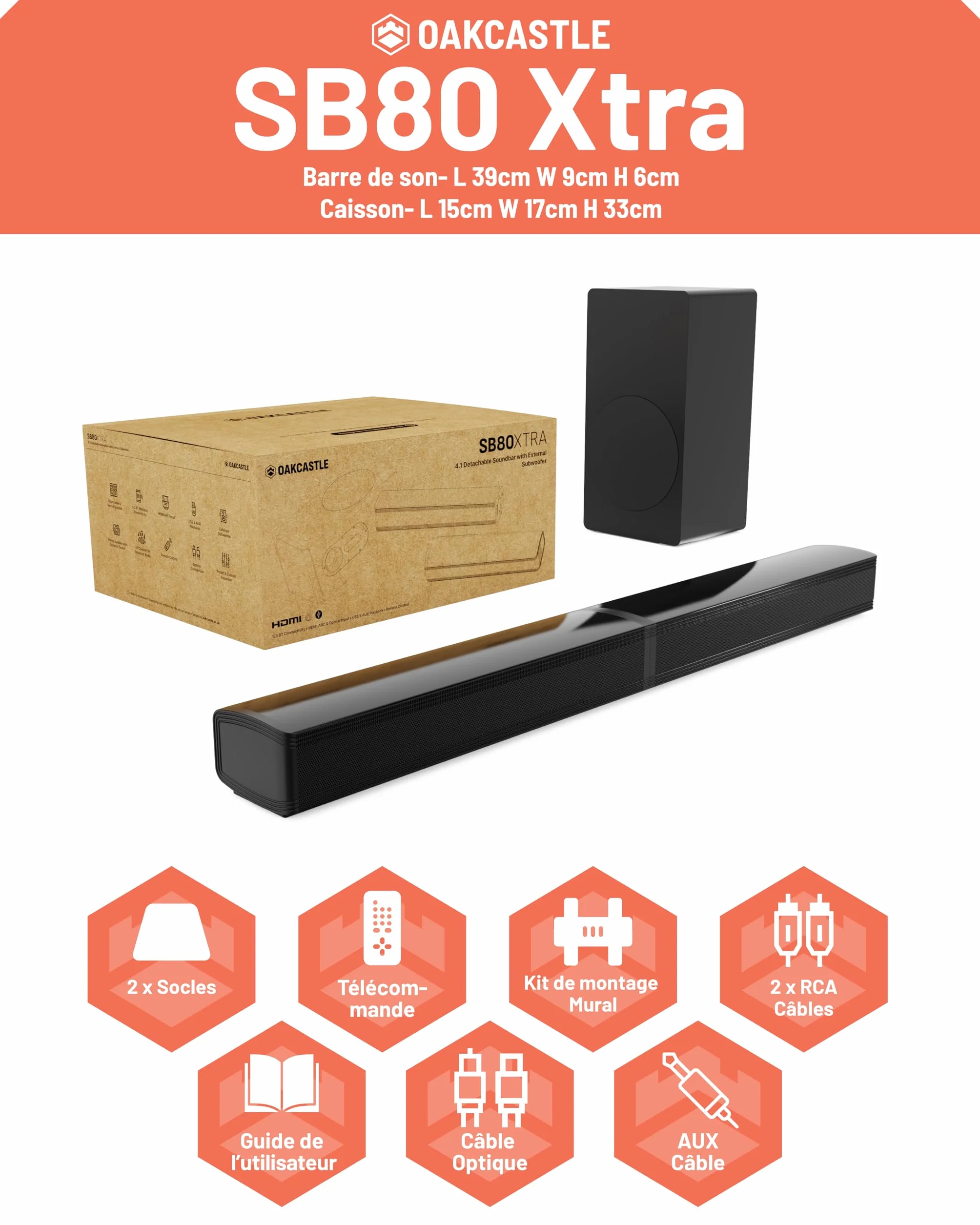 Oakcastle SB80 Xtra Barre de Son TV Bluetooth 5.3 200W 2.1 Caisson de Basses HDMI Arc