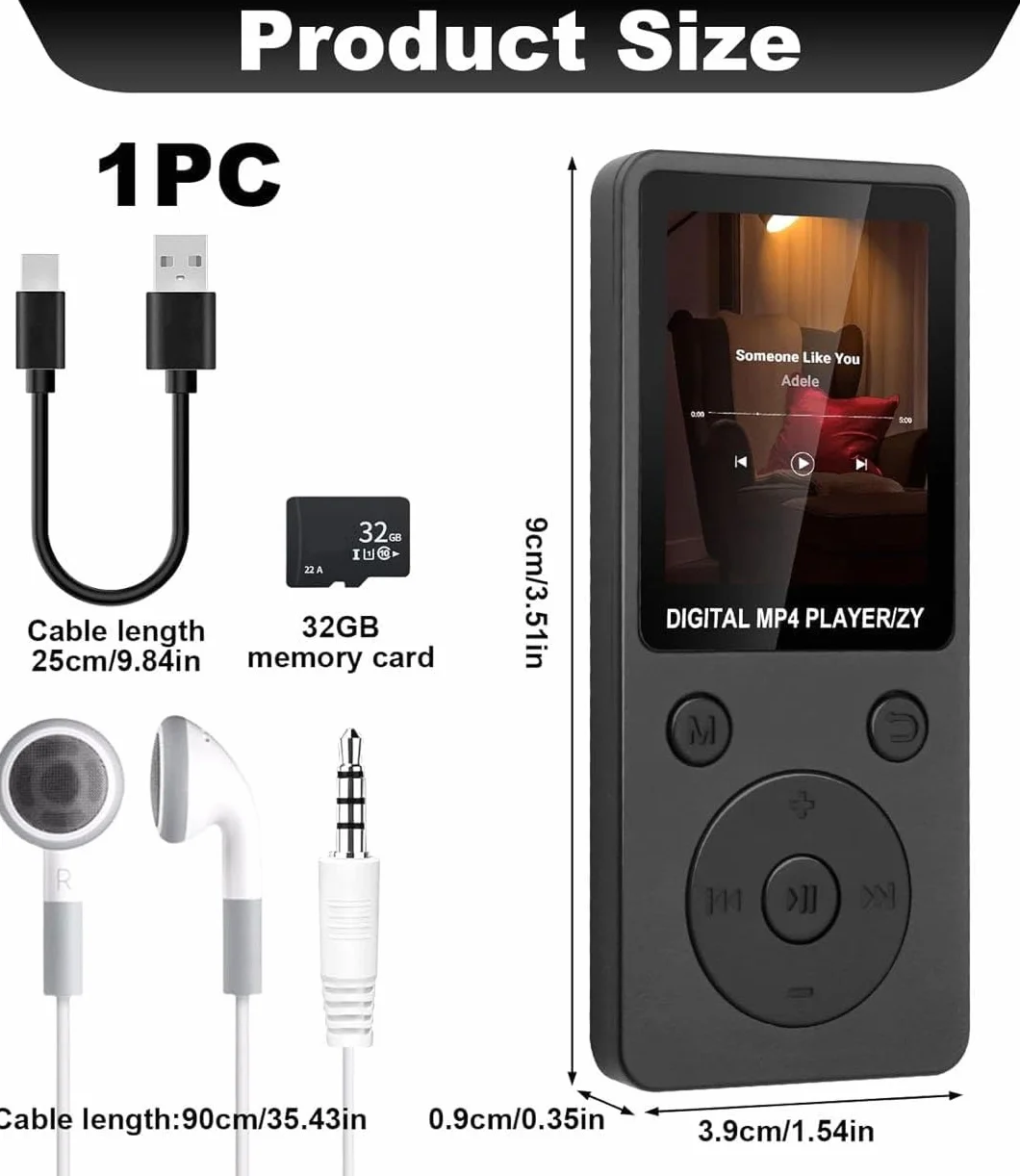 Lecteur MP3 Bluetooth 5.3 32Go Haut-Parleur Intégré Baladeur Portable HiFi sans Perte 70H Autonomie Radio FM Écran 1,8 Pouces Extension Carte TF 128Go