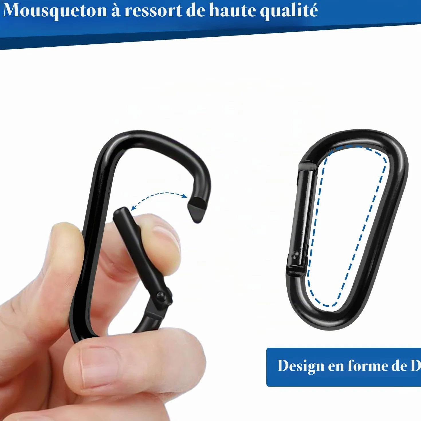 Mousquetons en aluminium forme D noir - Lot de 4 pour hamacs camping