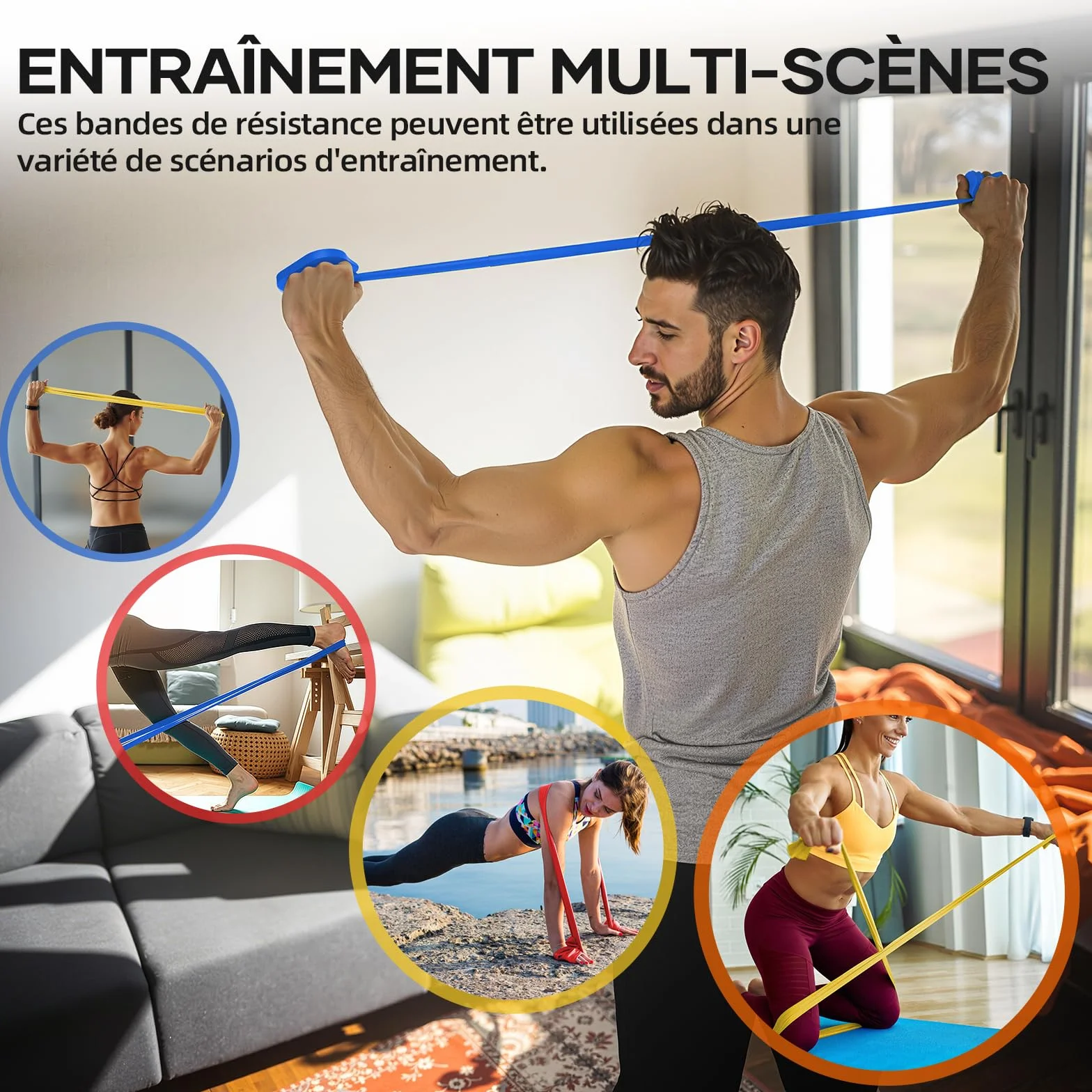 Bande Élastique Musculation 3 Pièces 1.5M/2M Fitness avec 3 Niveaux de Résistance Yoga Pilates