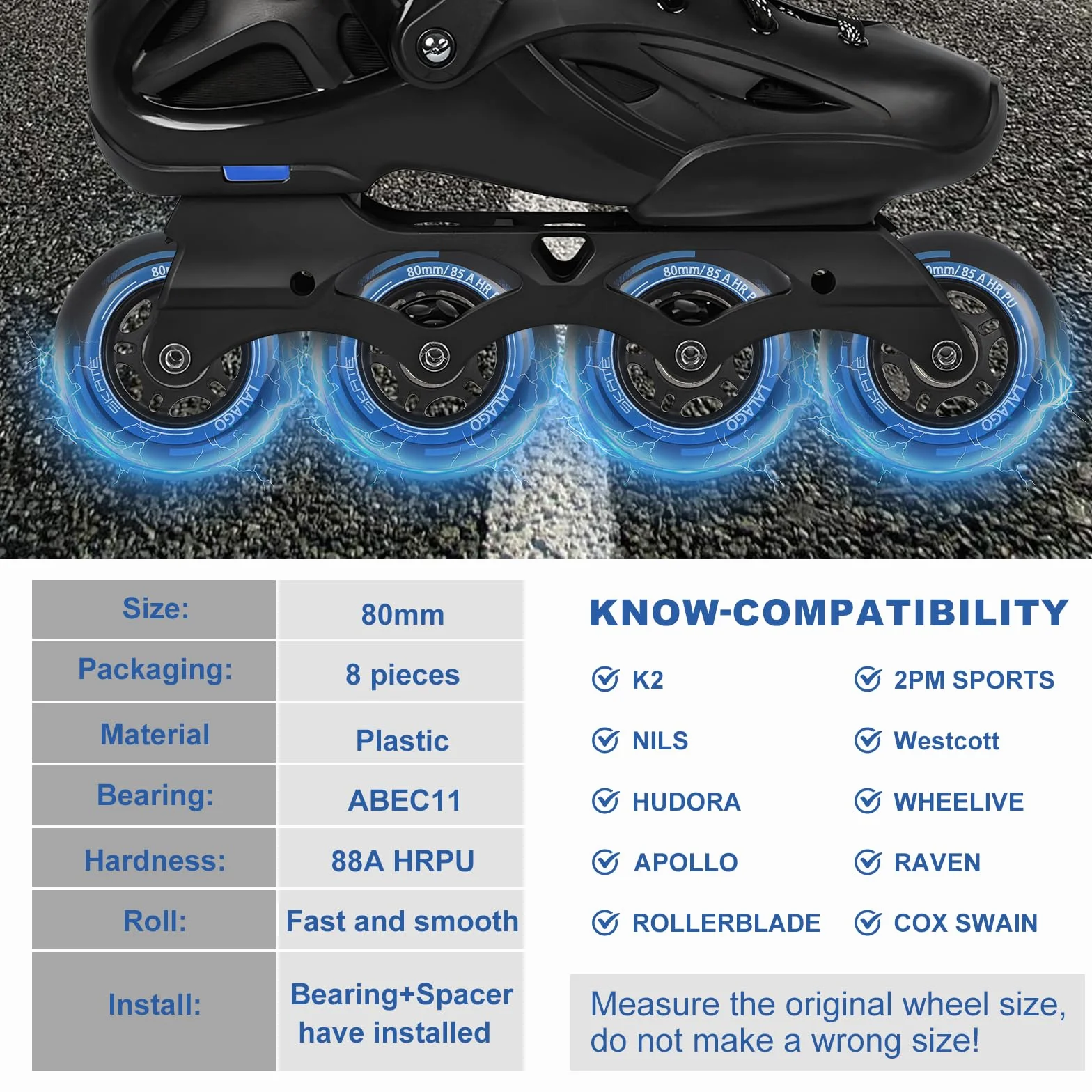 LALAGO Lot de 8 Roues de Rollers 80mm Roulements ABEC 9
