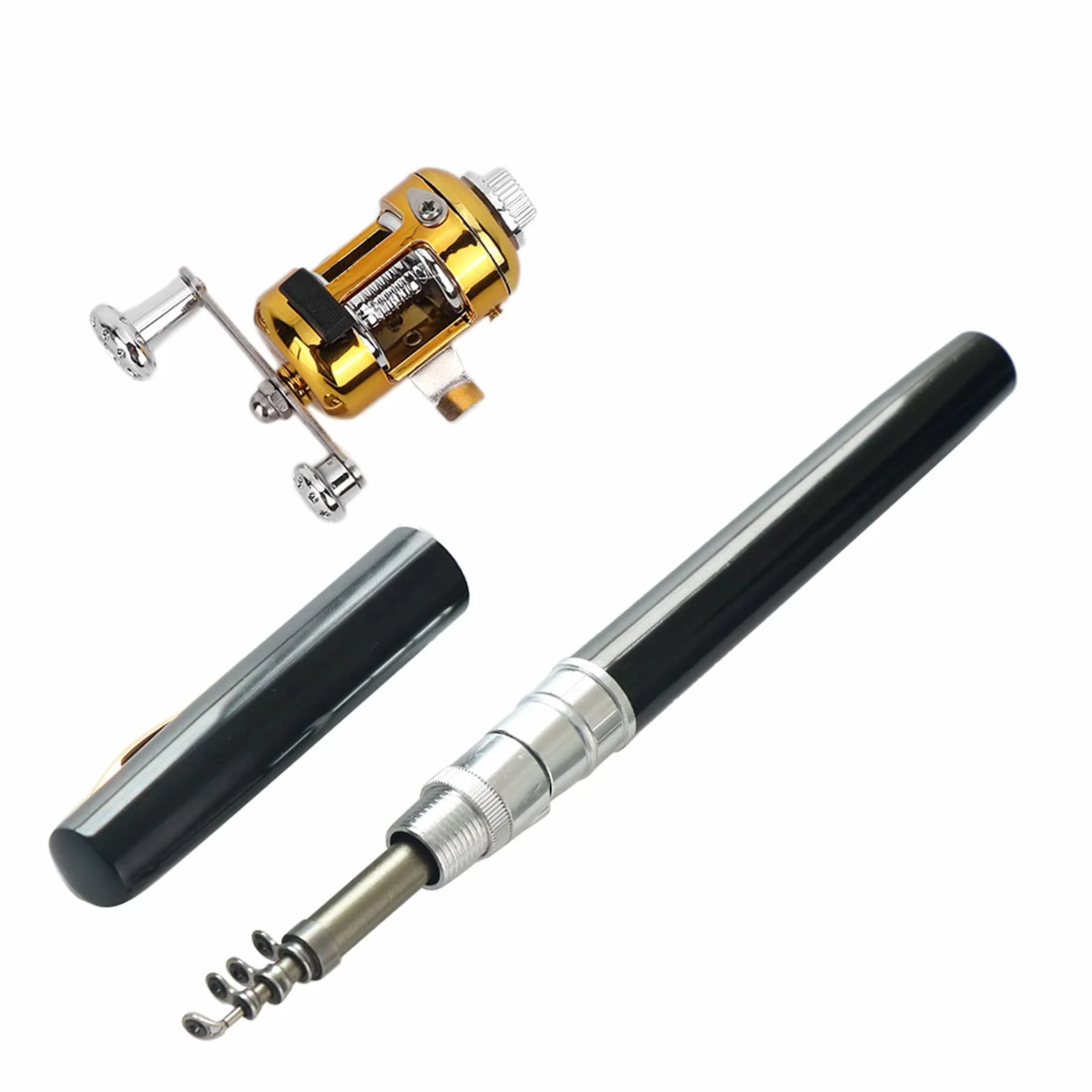 Canne à pêche Stylo Pliable Télescopique Portable + Moulinet Combo Set Alliage d'aluminium Noir