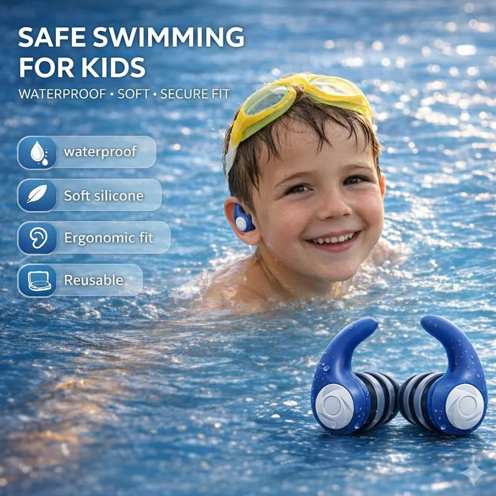 Bouchons d’Oreille Natation Enfant 4-12 Ans 3 Paires Silicone Étanche Cordon Amovible Réutilisables