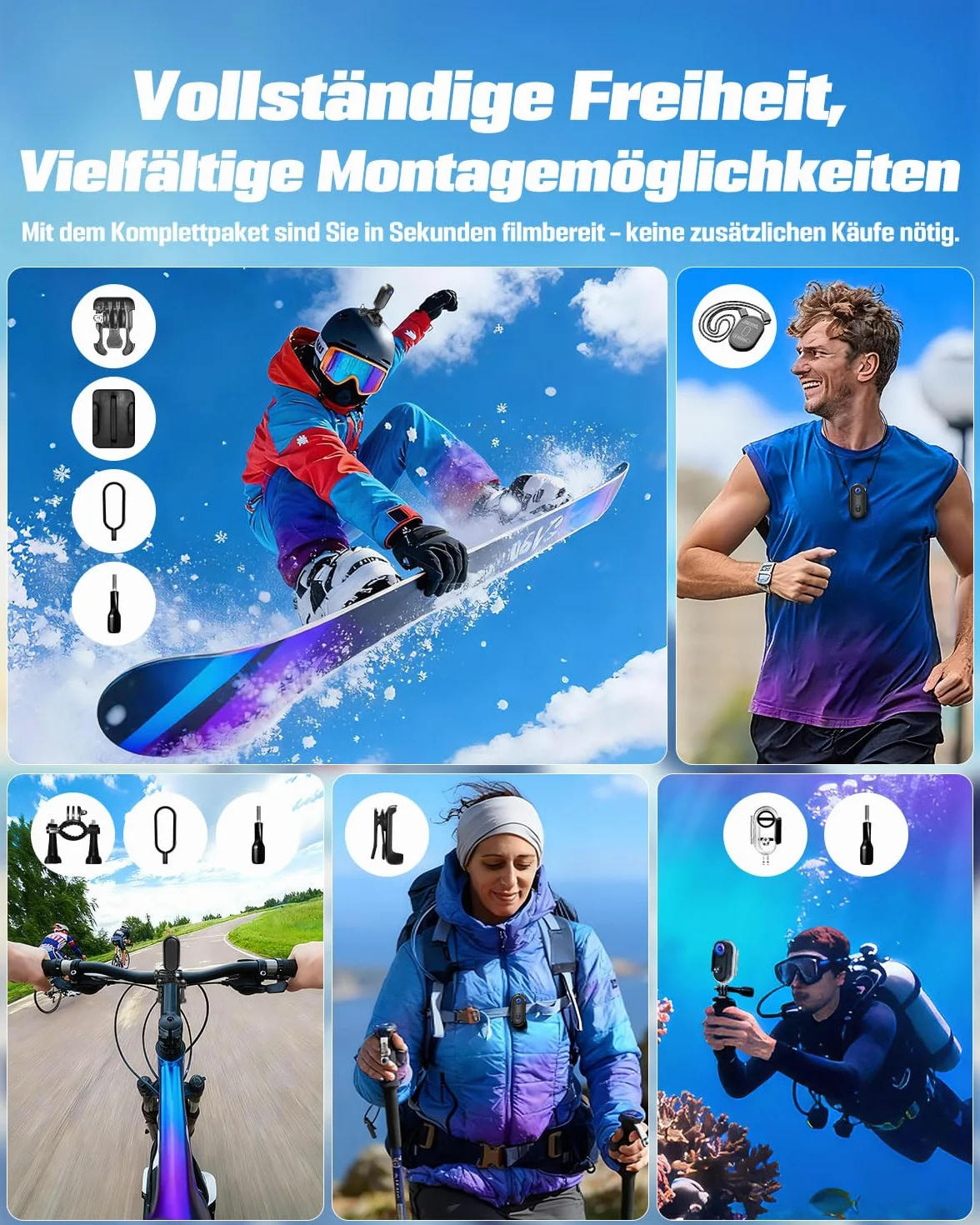 Camera Vlog WiFi, Camera Sport 4K Magnétique Mains Libres avec Clip Rotatif à 360°, Boîtier Etanche pour Promenades avec Animaux, Vélo, Voyages, Vlog, Dashcam Moto