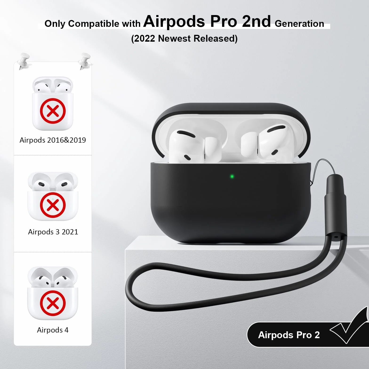 Coque en Silicone Compatible avec Airpods Pro 2 (2022), Ultra-Thin, Étui de Protection Souple, LED Avant Visible, Noir