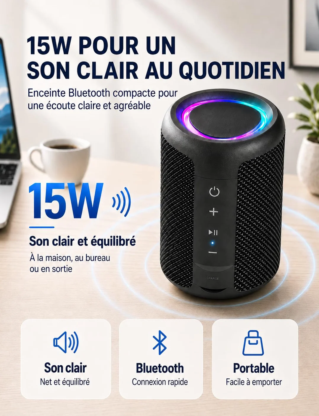Enceinte Bluetooth Portable 15W Bluetooth 5.3 15H Autonomie Mini Haut-Parleur sans Fil TWS IPX5 Étanche