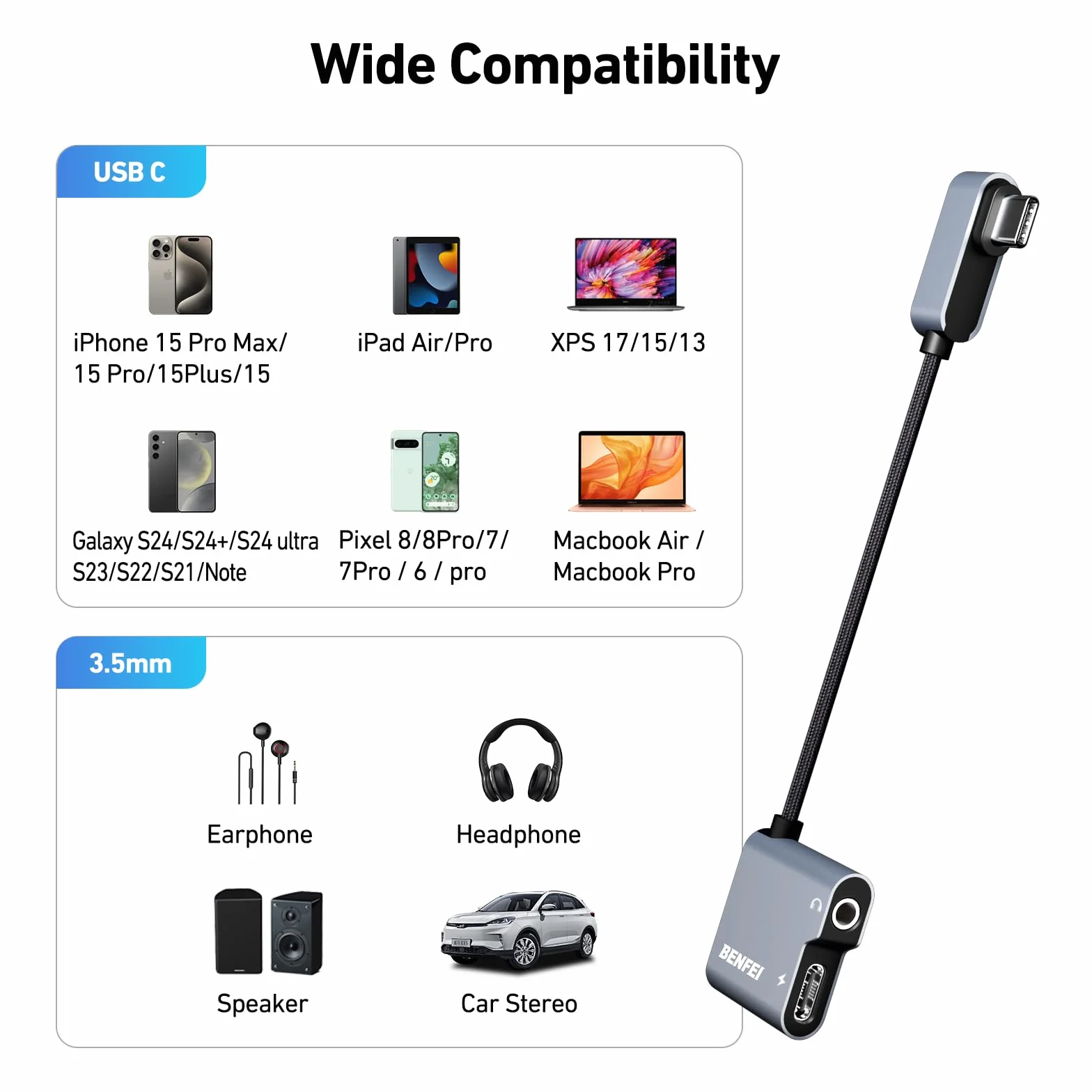 BENFEI Adaptateur USB C vers Prise Audio avec Charge Rapide 60 W, USB-C vers Casque Femelle 3,5 mm, Compatible iPhone 15 Pro Max/15 Pro/15, Samsung Galaxy S24/S23/S22/S21 Ultra, iPad Pro