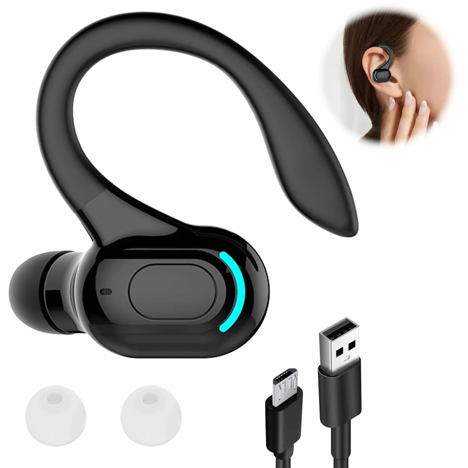 Oreillette Bluetooth sans Fil Mono, Écouteur Mono avec Micro Intégré, Kit Main Libre Professionnel avec Micro à ecouteurs de Bruit pour iPhone Android PC, Bureau, Conduite, Sport, oreillette Tour 360°