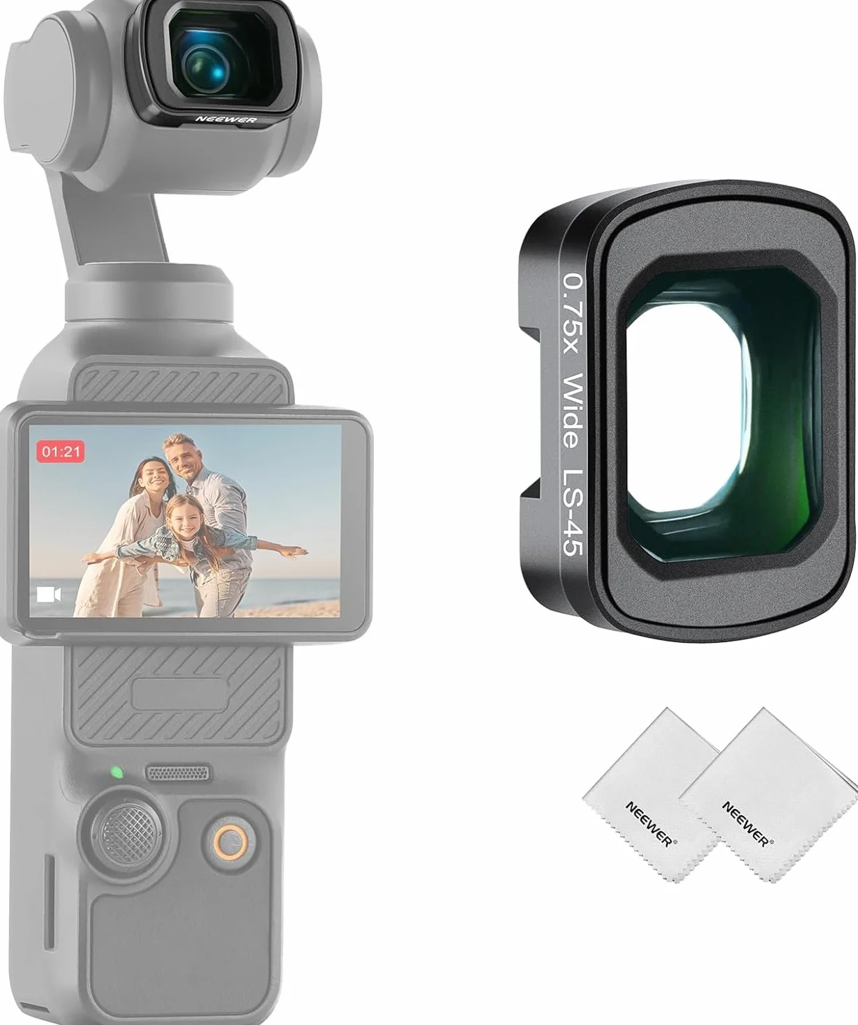 NEEWER Objectif Grand Angle 0,75x Compatible DJI Osmo Pocket 4 3 Xtra Muse Creator Combo, Asphérique Multicouche Magnétique FOV 108° pour Caméra d'Action